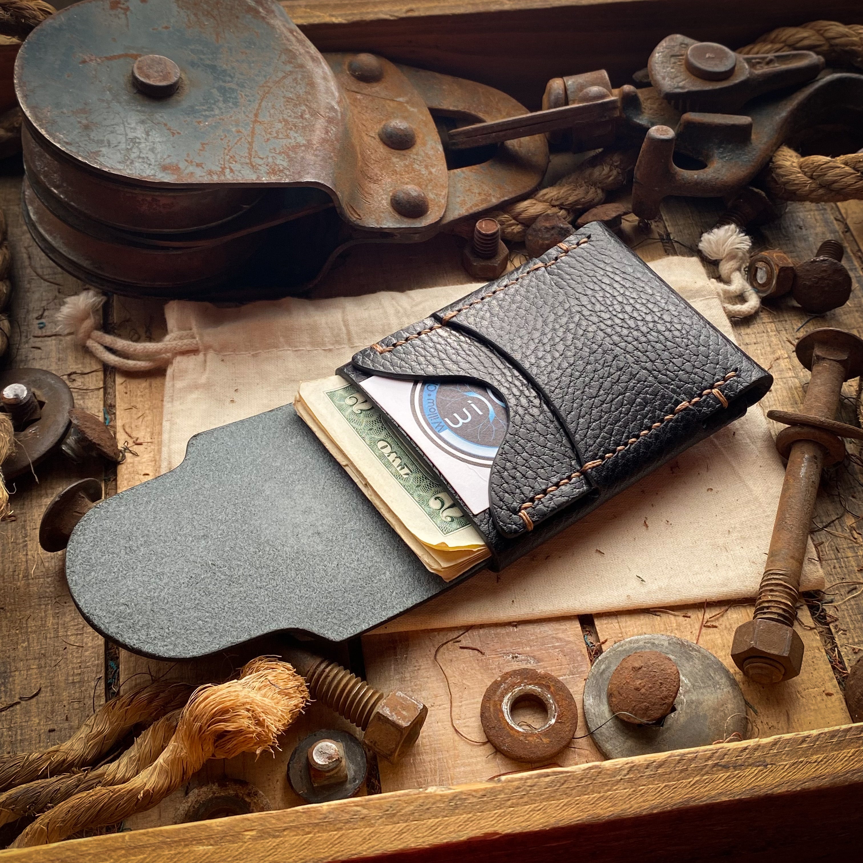 All Black handmade leather flap wallet with quick access pocket