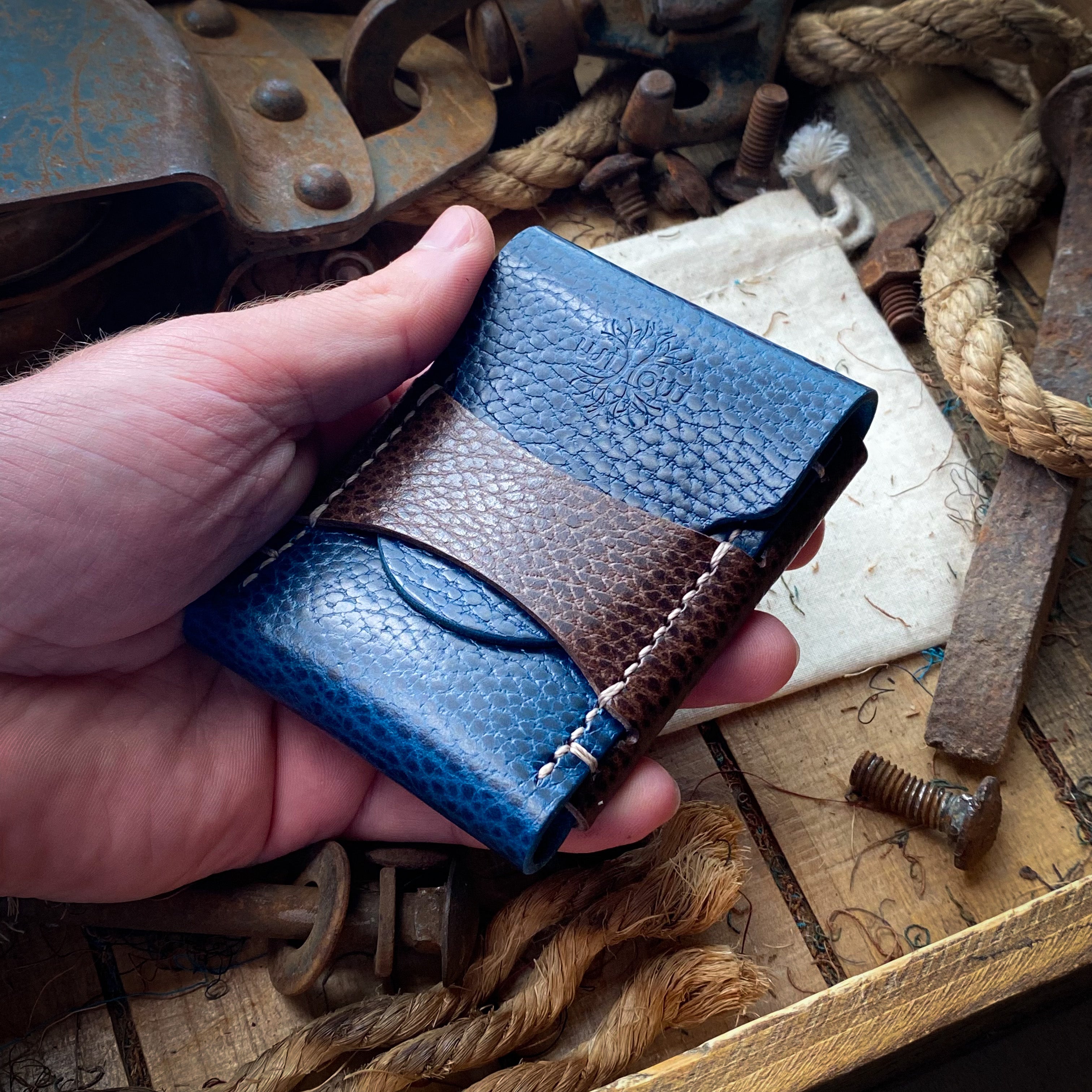 Best Front Pocket Wallet in Blue Leather and Brown Leather