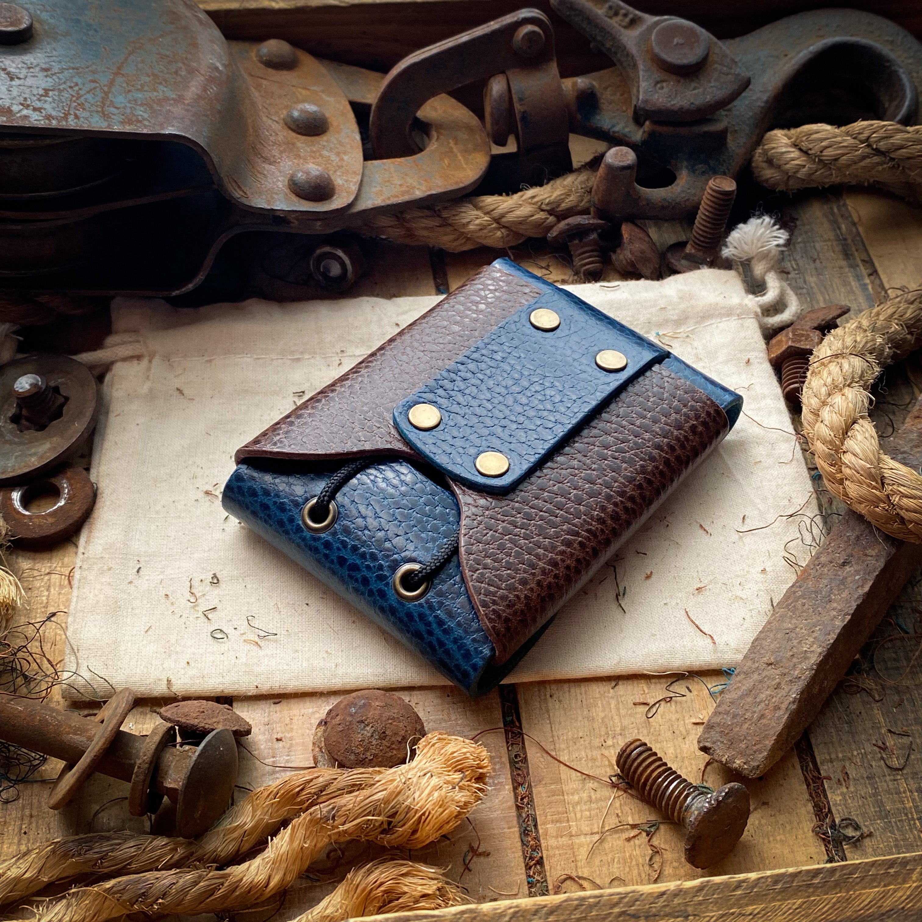 Best Front Pocket Wallet in Blue Leather and Brown Leather and pull string
