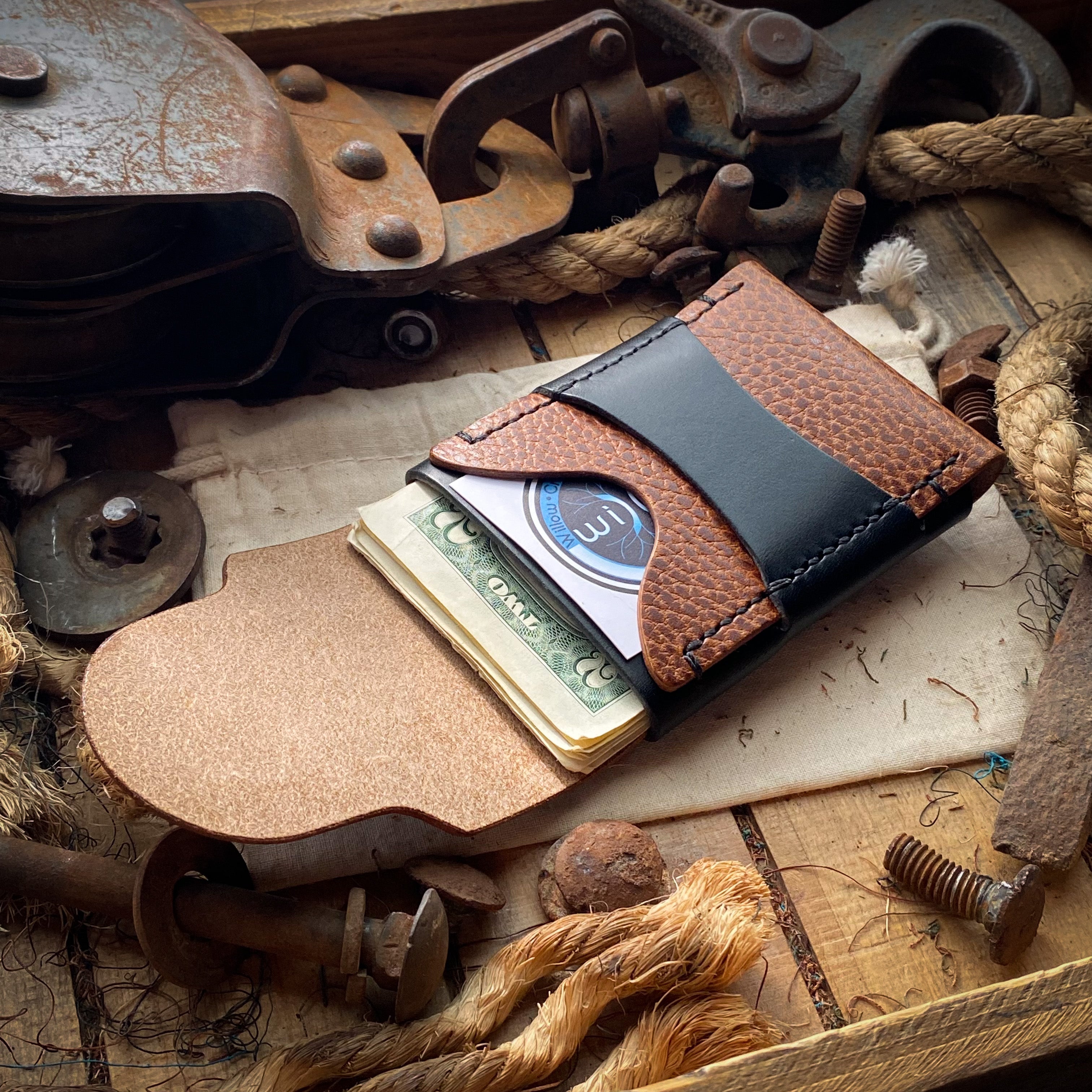 Best Slim Minimalist Wallet in Whiskey and Black Leather and Pull String