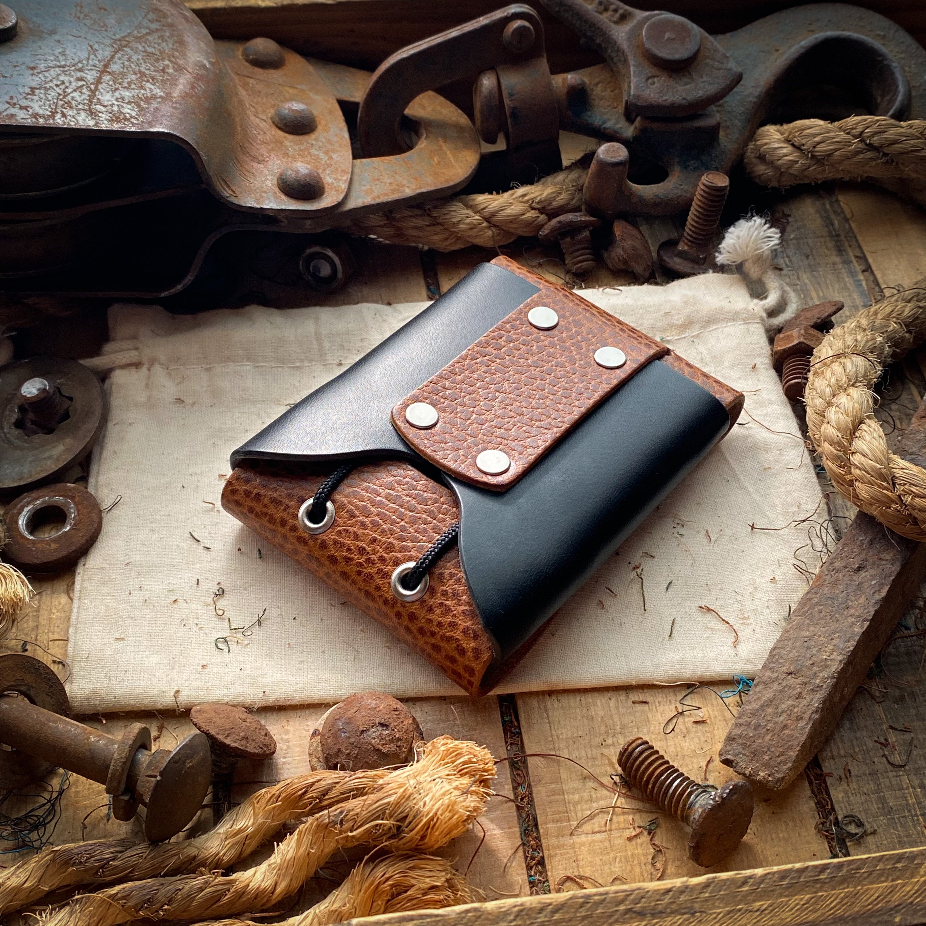 Best Slim Minimalist Wallet in Whiskey and Black Leather and Pull String