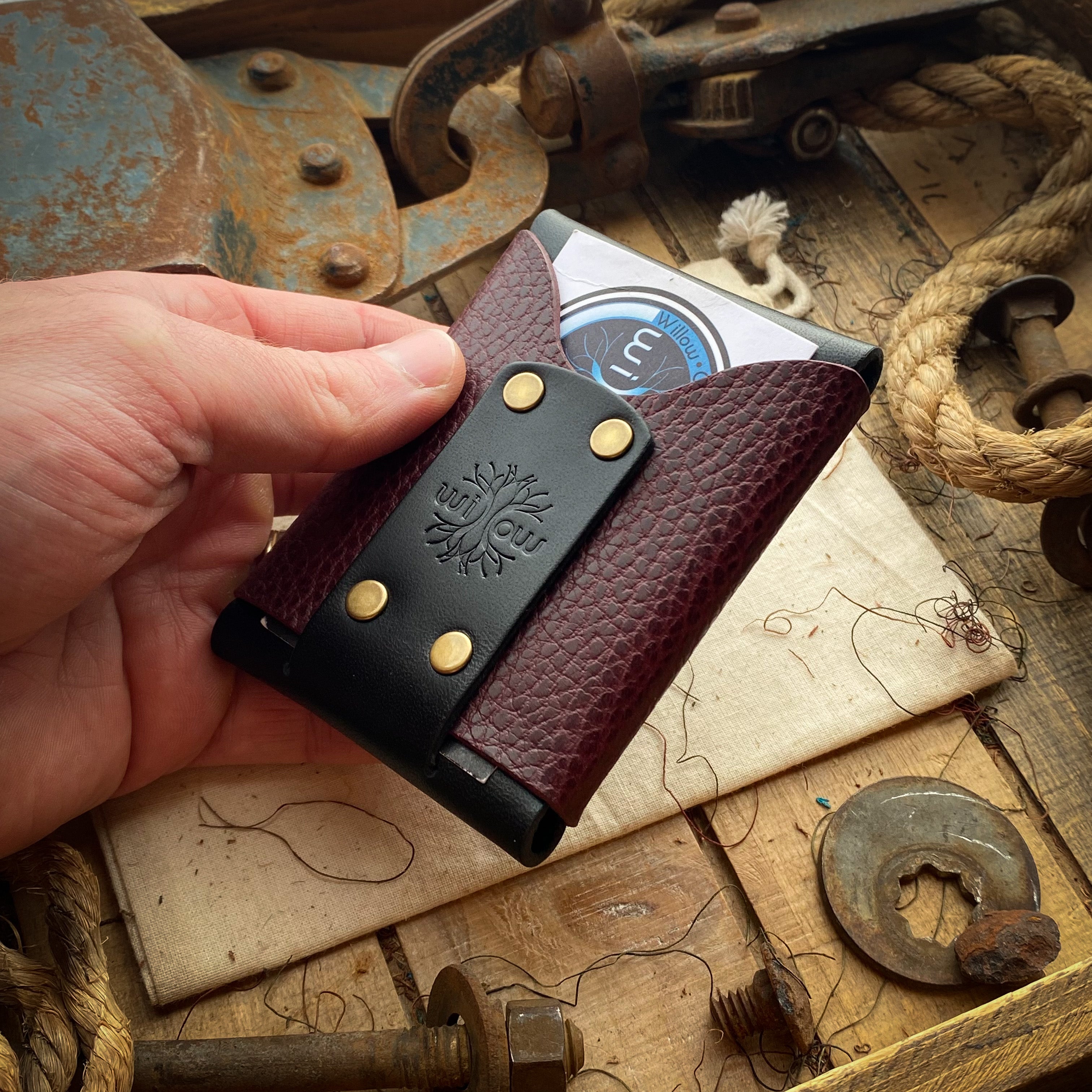 Cool Mens Wallet in Black Leather and Bordeaux Dollaro Front with Card