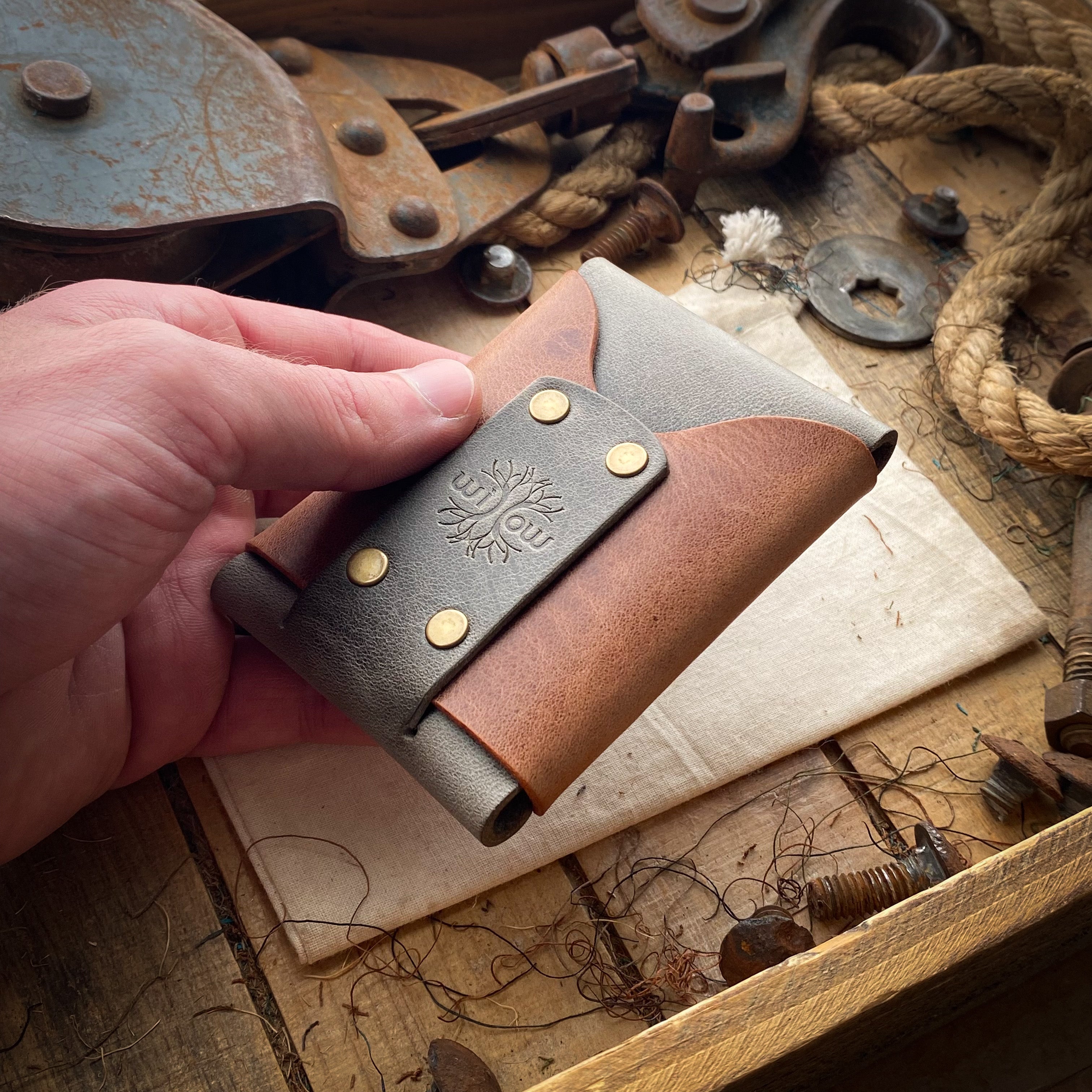 Distressed Leather Wallet Wask Minimalist Original Charcoal and Sierra Front