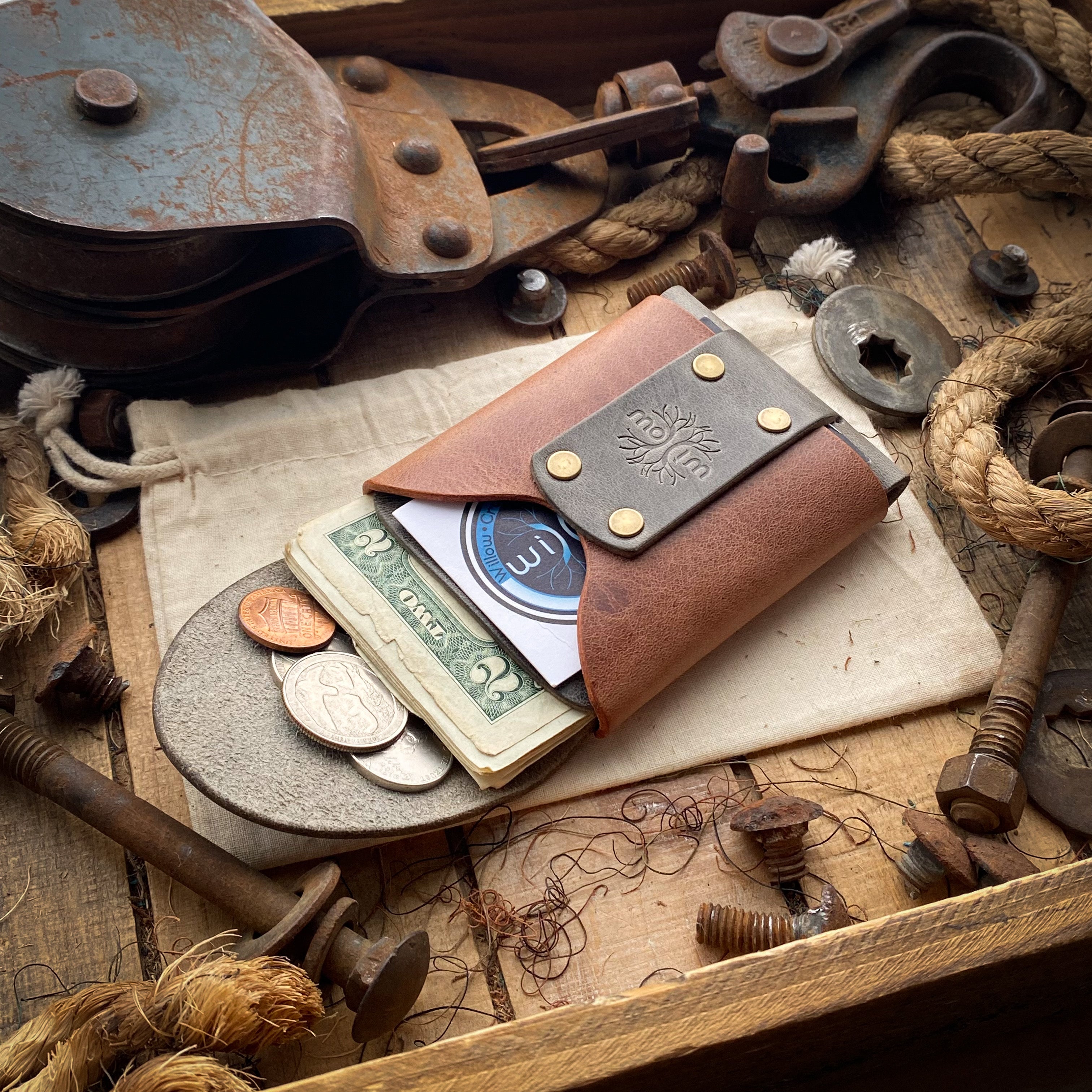 Distressed Leather Wallet Wask Minimalist Original Charcoal and Sierra Inside