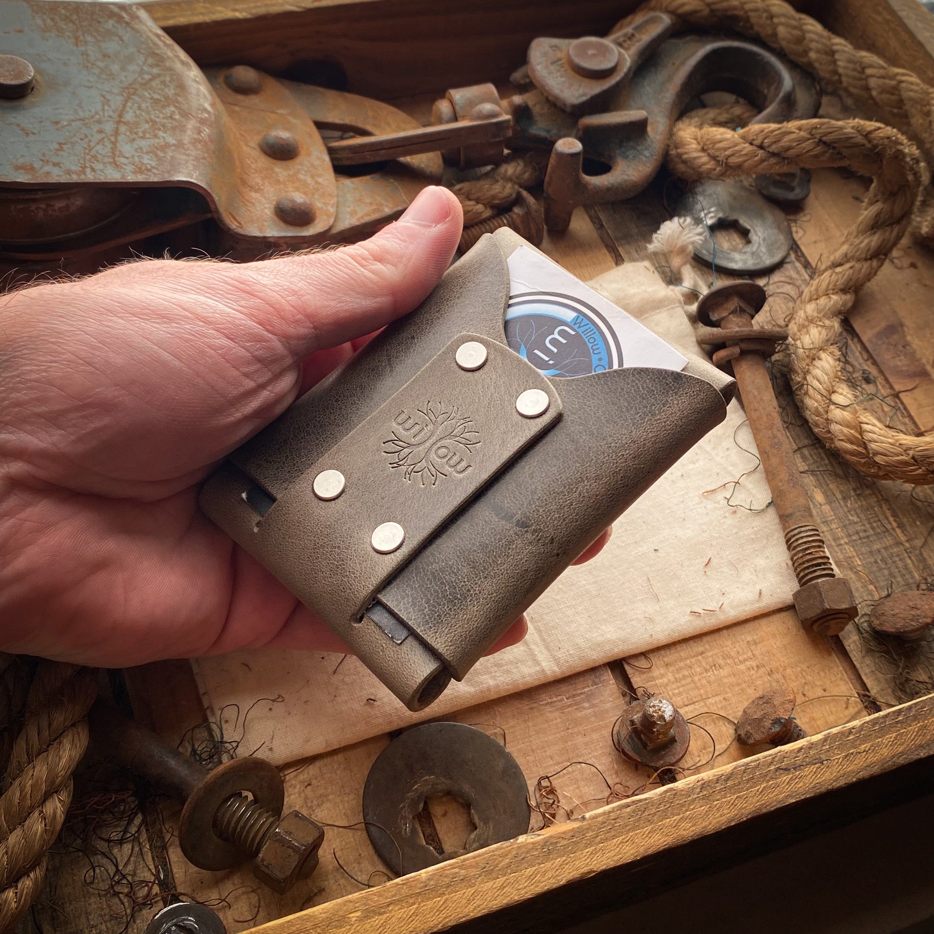 Distressed Leather wallet Wask Original Front Pocket Charcoal  Main Card