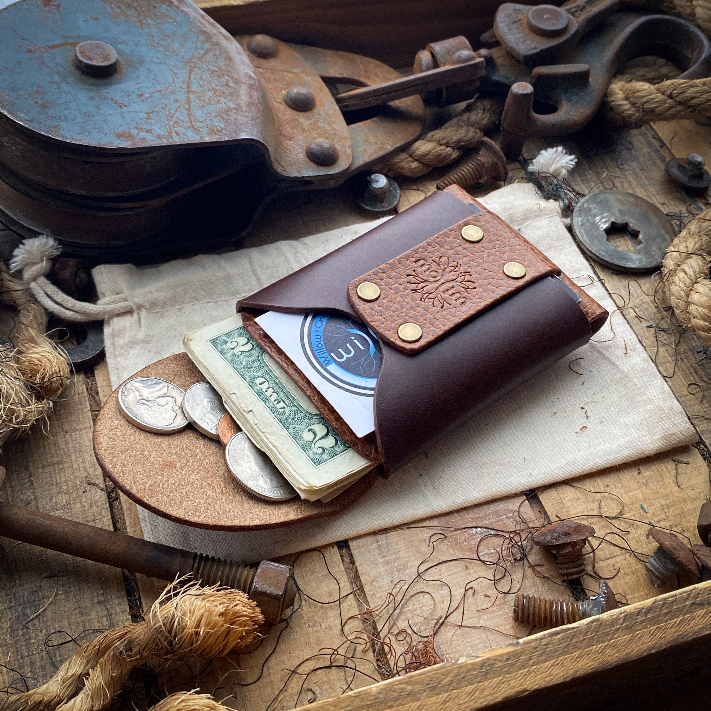 Front Pocket Wallet Wask Minimalist Wallet Whiskey and Dark Mahogany Inside
