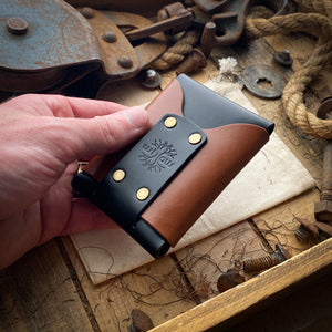 Handmade Airtag Wallet in Black Leather and Bourbon Front 