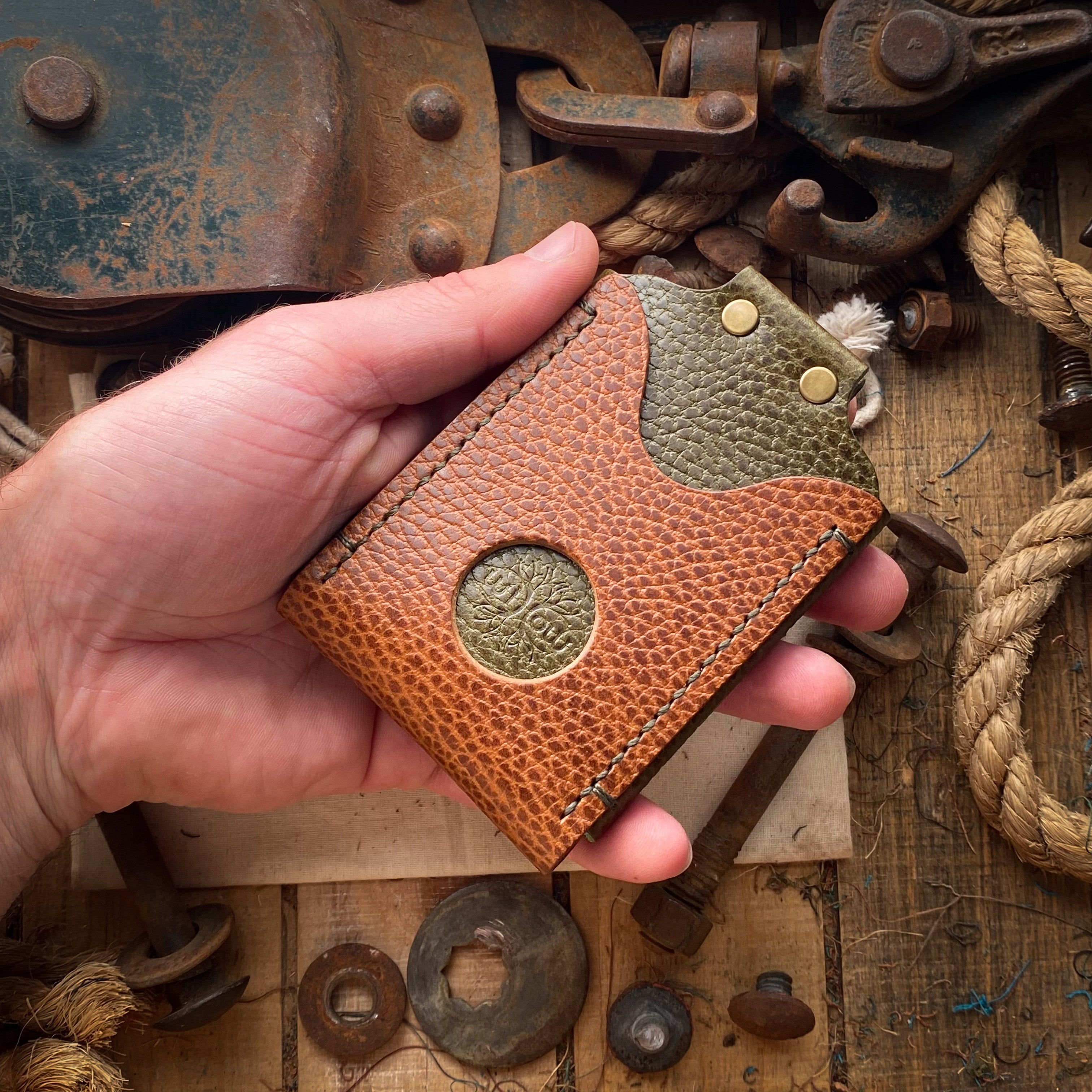 Handmade Leather Wallet - Original Knocks Minimalist Walletin Whiskey and Olive Dollaro