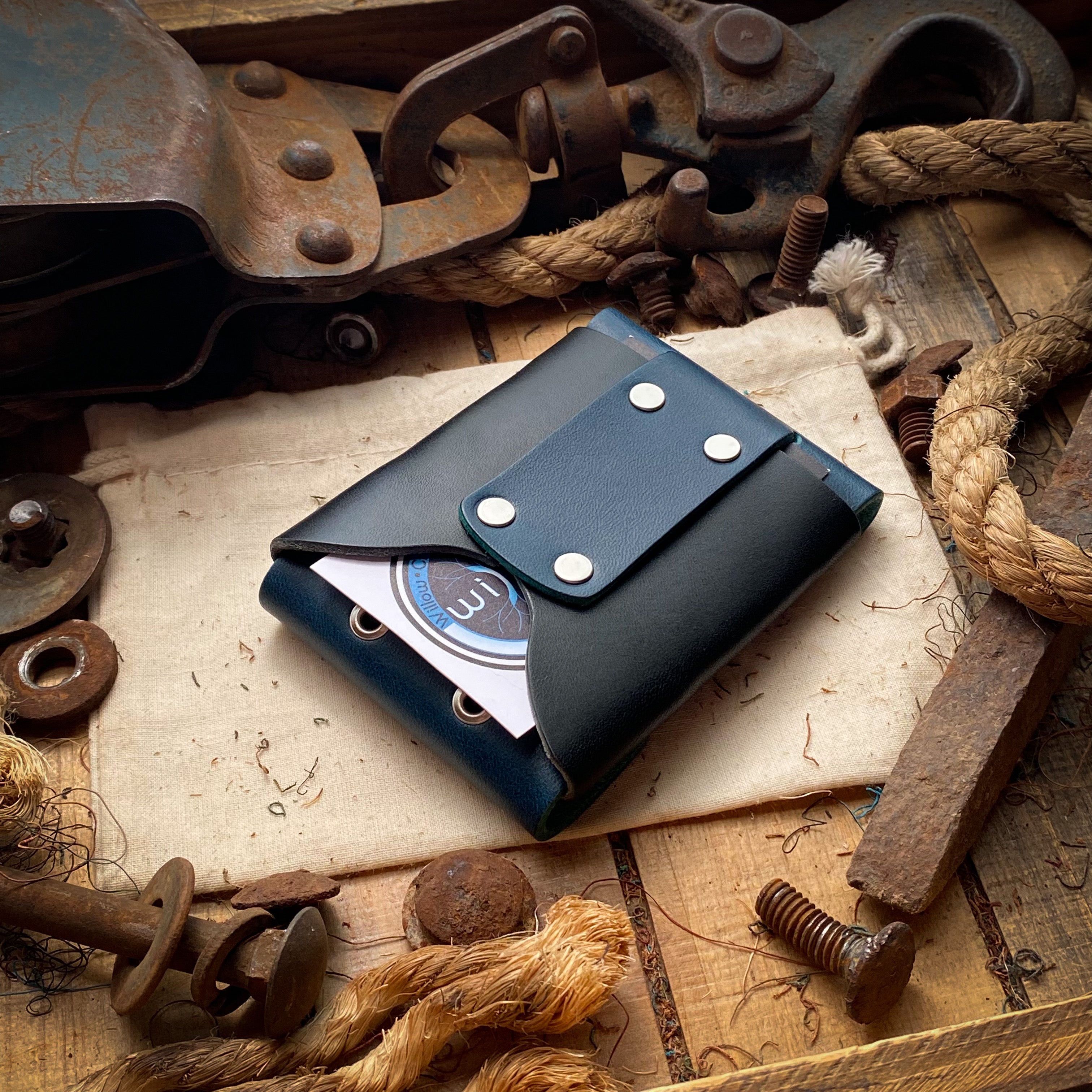 Handmade Leather Wallet in Blue and Black with Quick Access