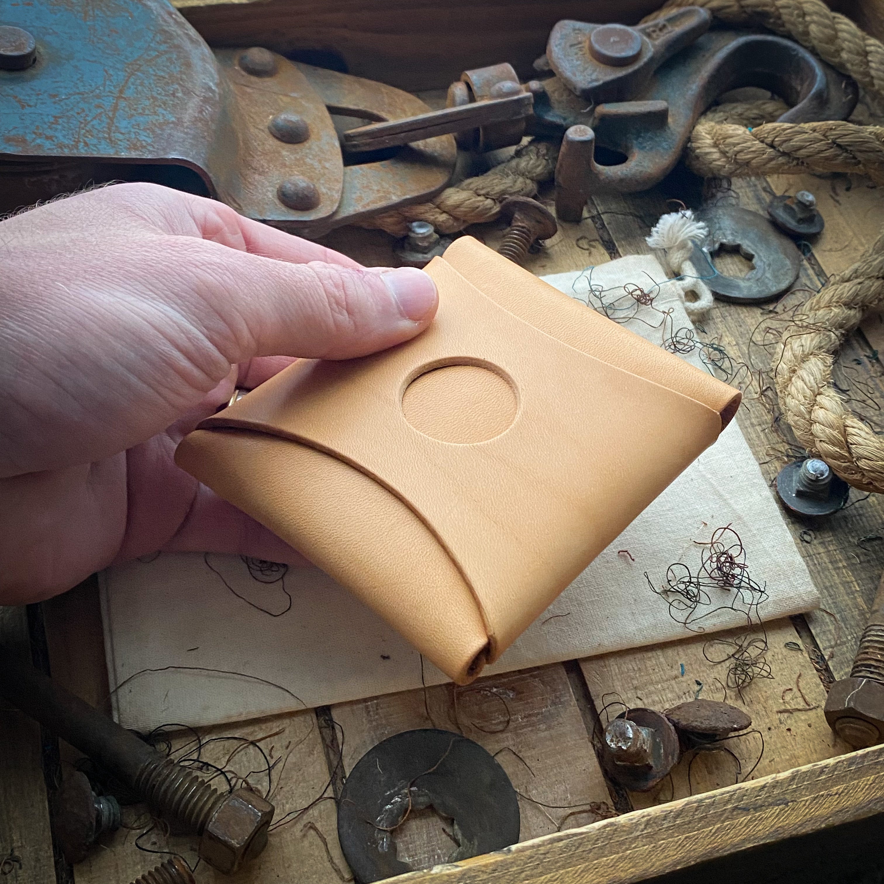 Handmade Natural Veg Tan Wask Wallet AirTag Compatible