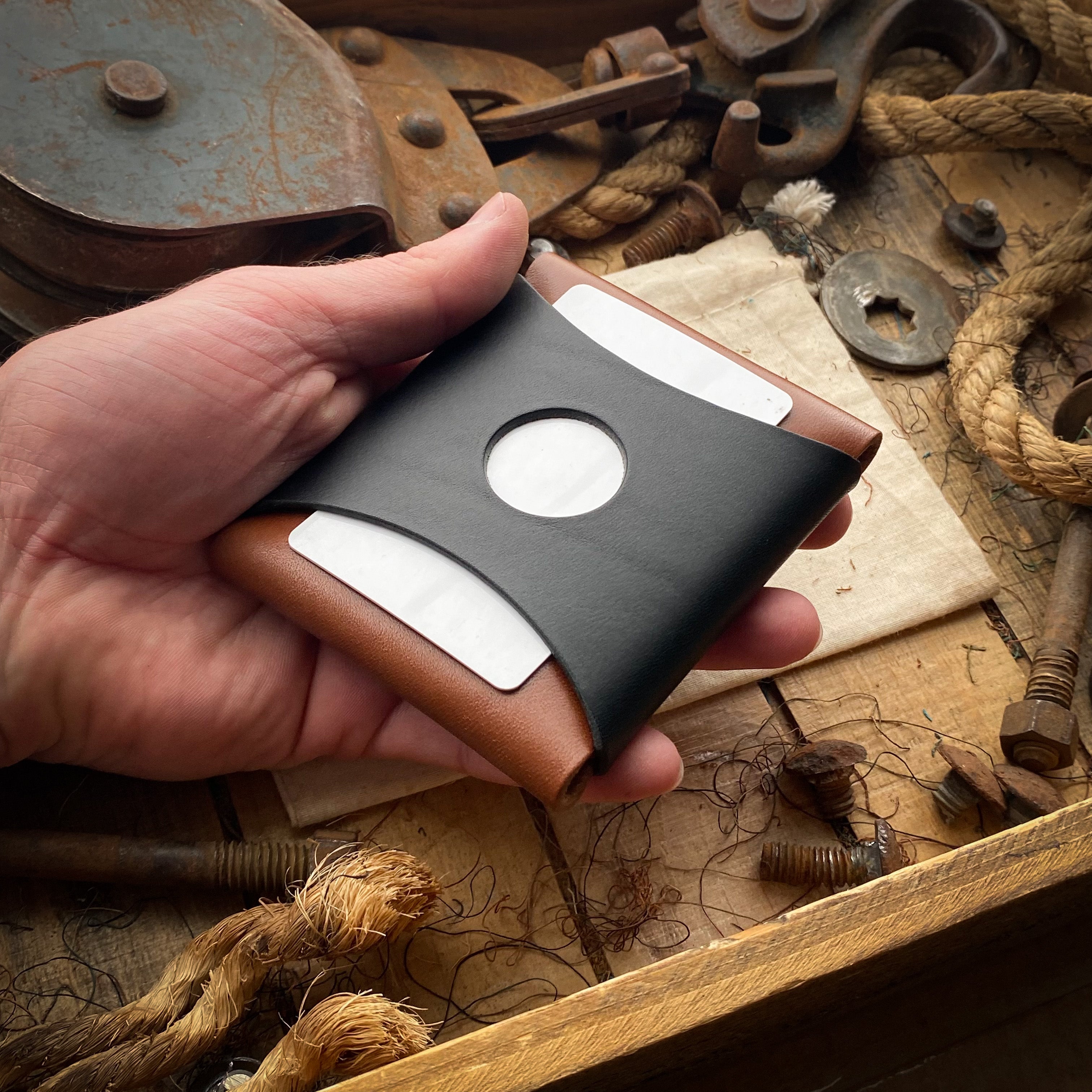 Handmade Wask Minimalist Leather Wallet in Bourbon and Black Rear Quick Access