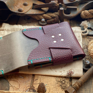 Large Personalized Bifold Leather Wallet in Bordeaux and Charcoal with Teal Thread