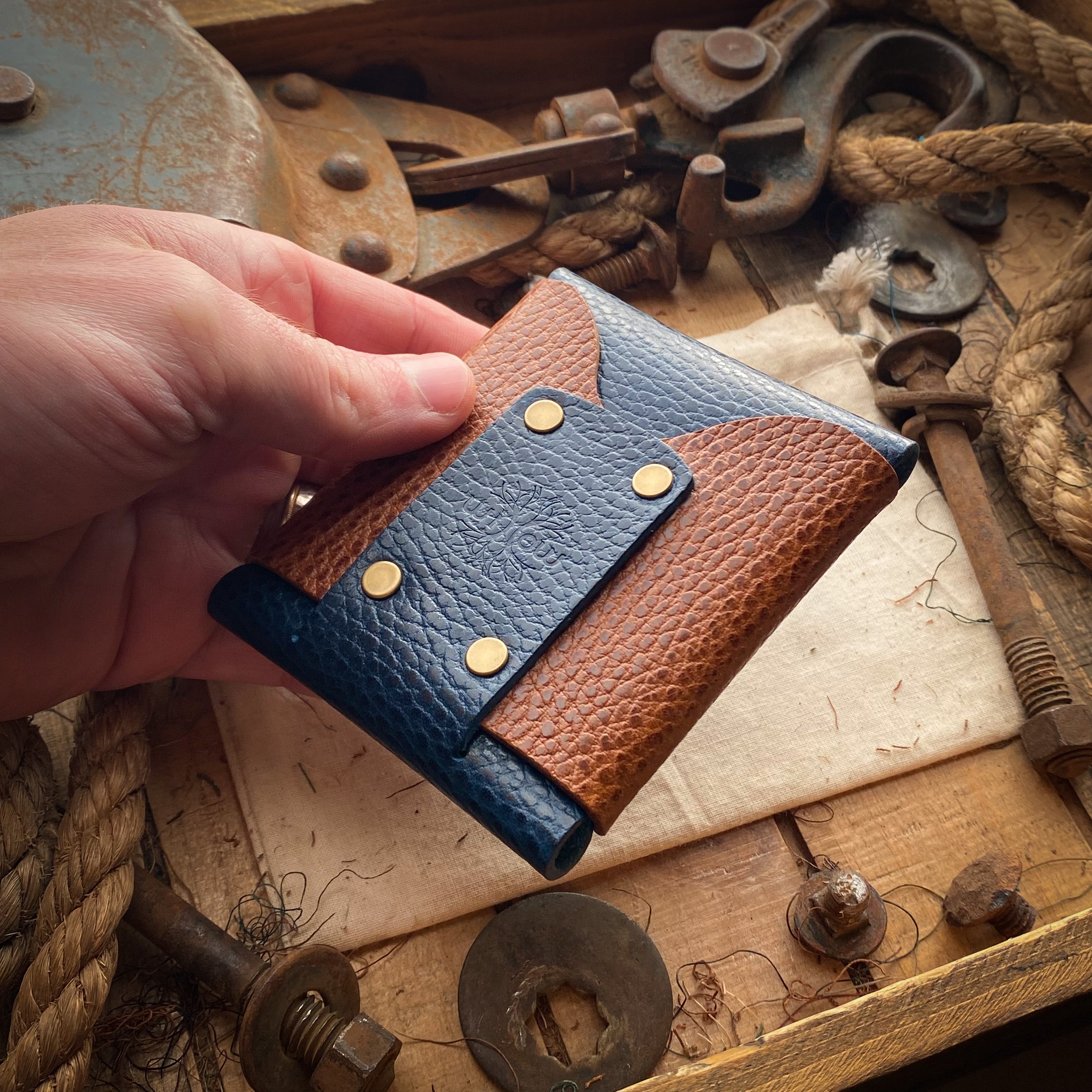 Large Travel Wallet Wide Wask in Blue Dollaro and Whiskey Front