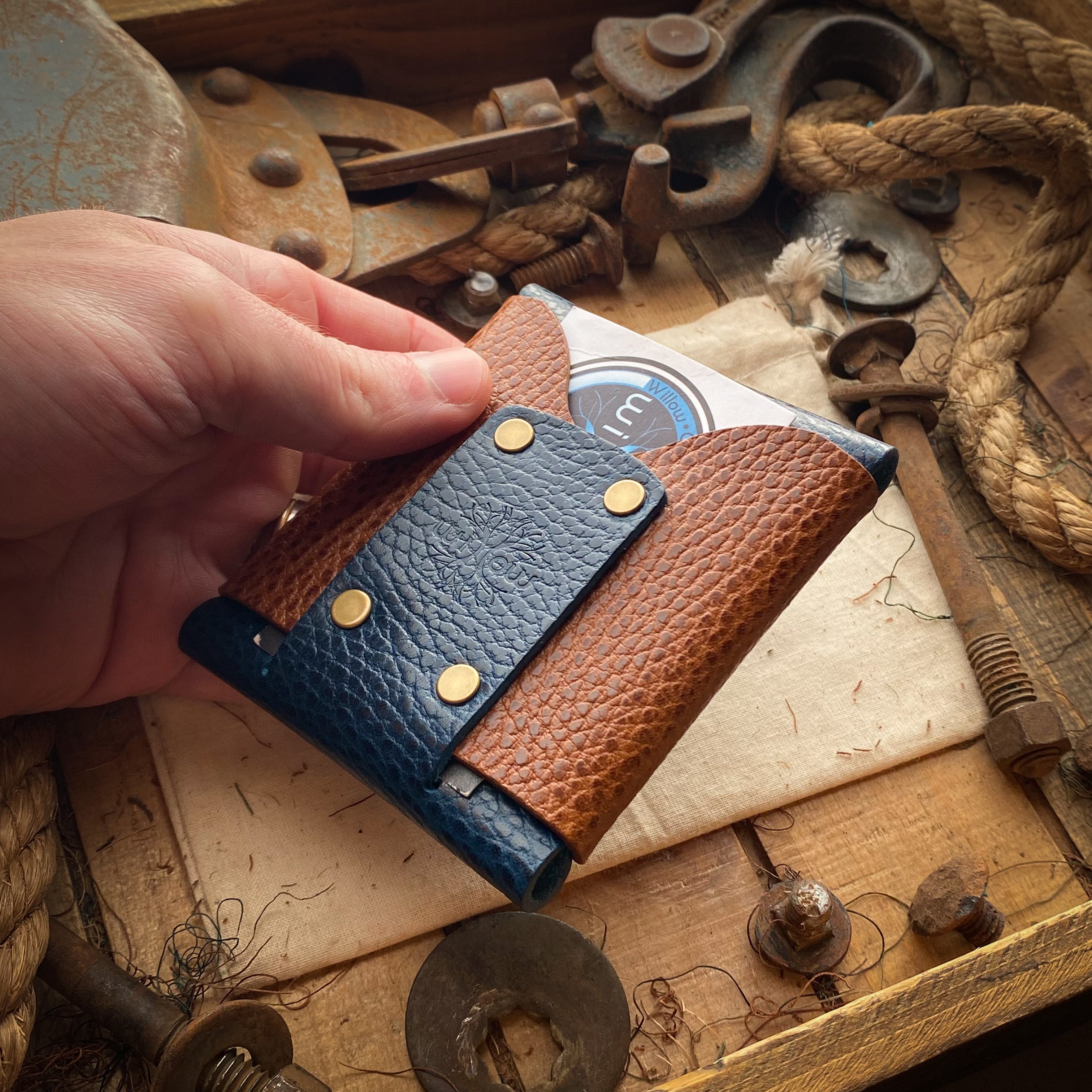 Large Travel Wallet Wide Wask in Blue Dollaro and Whiskey Front With Card
