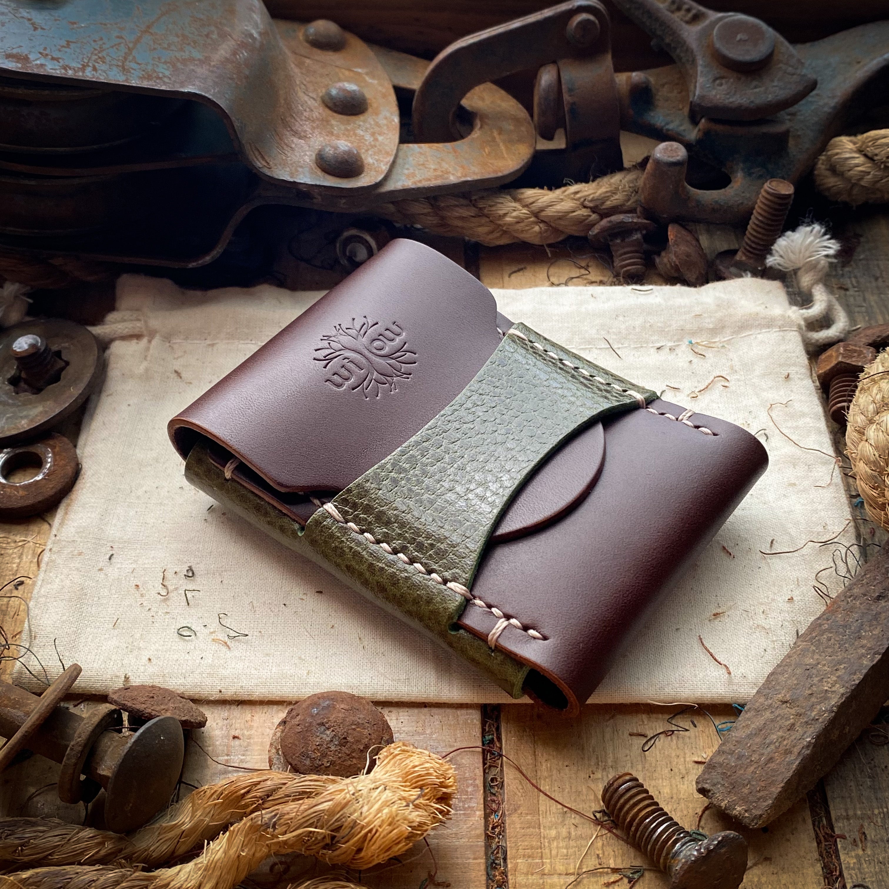 Luxe Minimalist Wallet in Brown and Green Leather