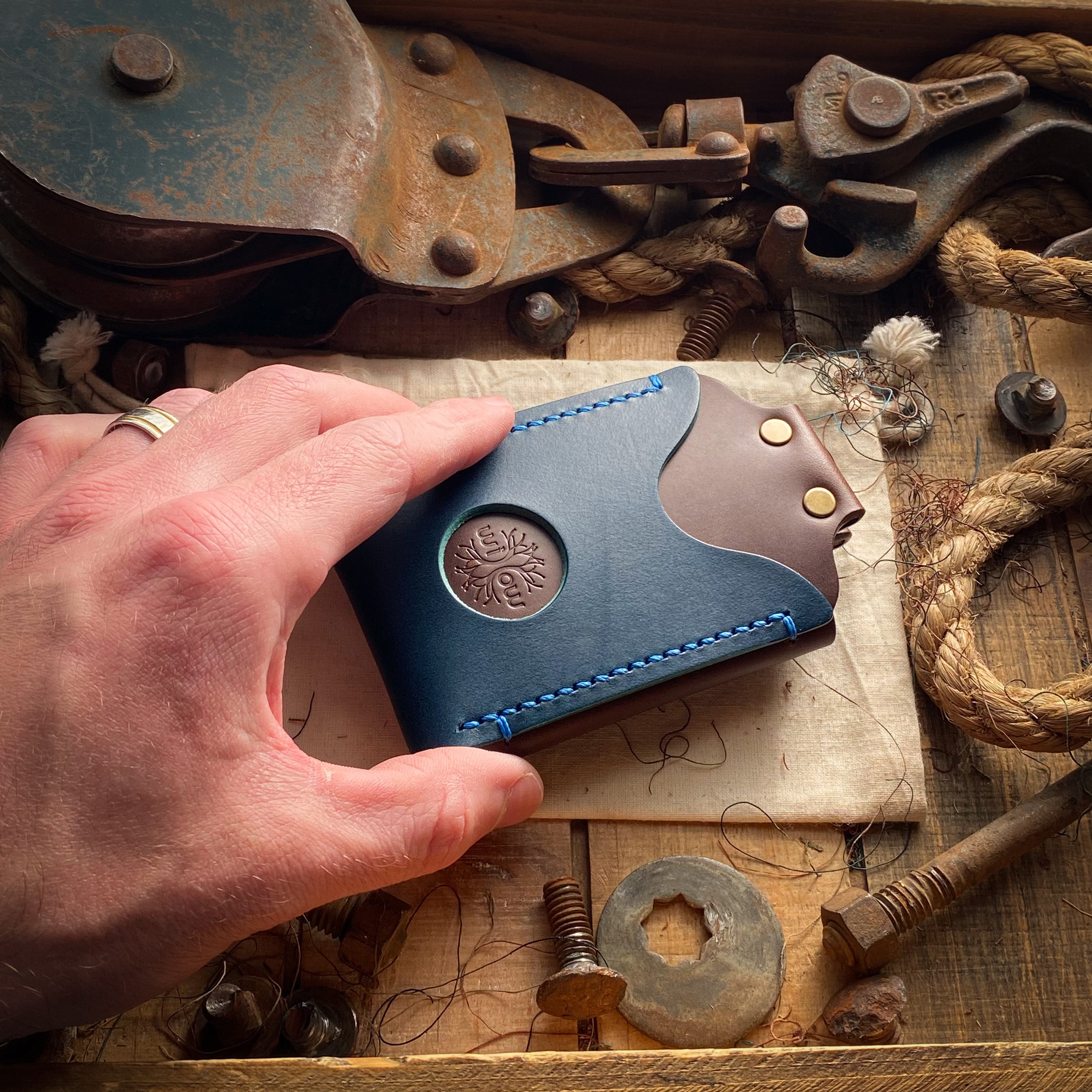 Mens Custom Leather Wallet in Blue and Mahogany Airtag Compatibility