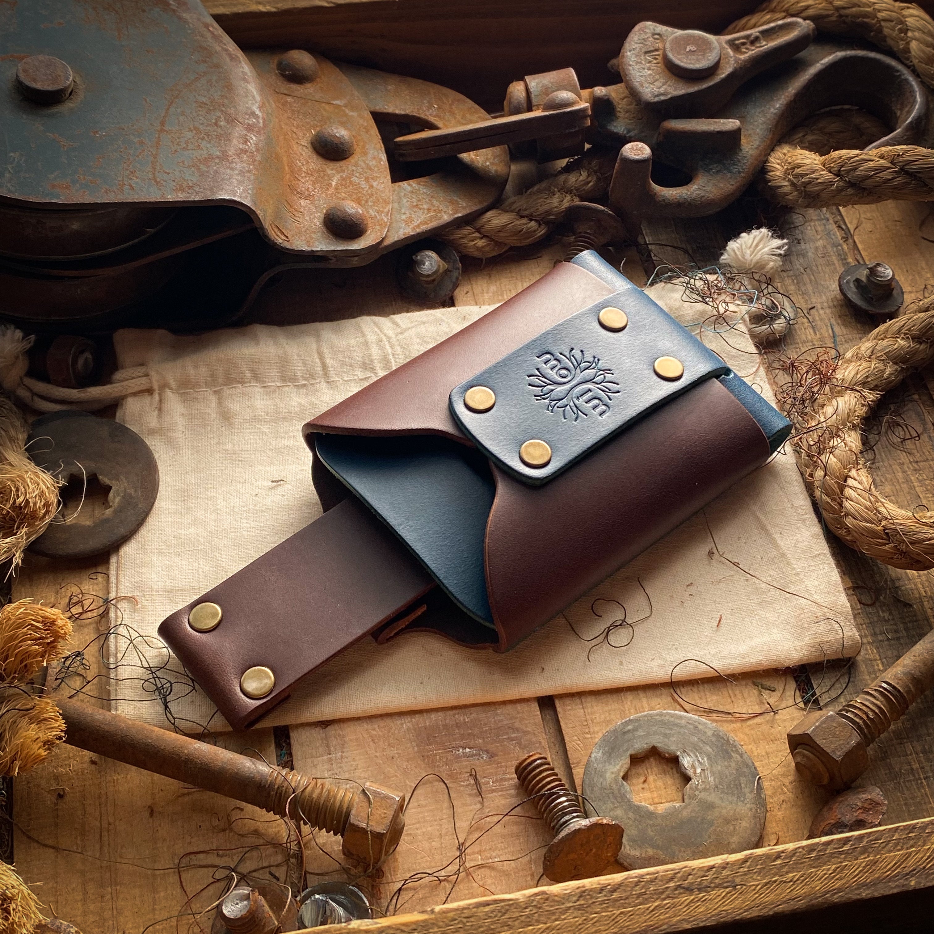 Mens Custom Leather Wallet in Blue and Mahogany leather pull tab