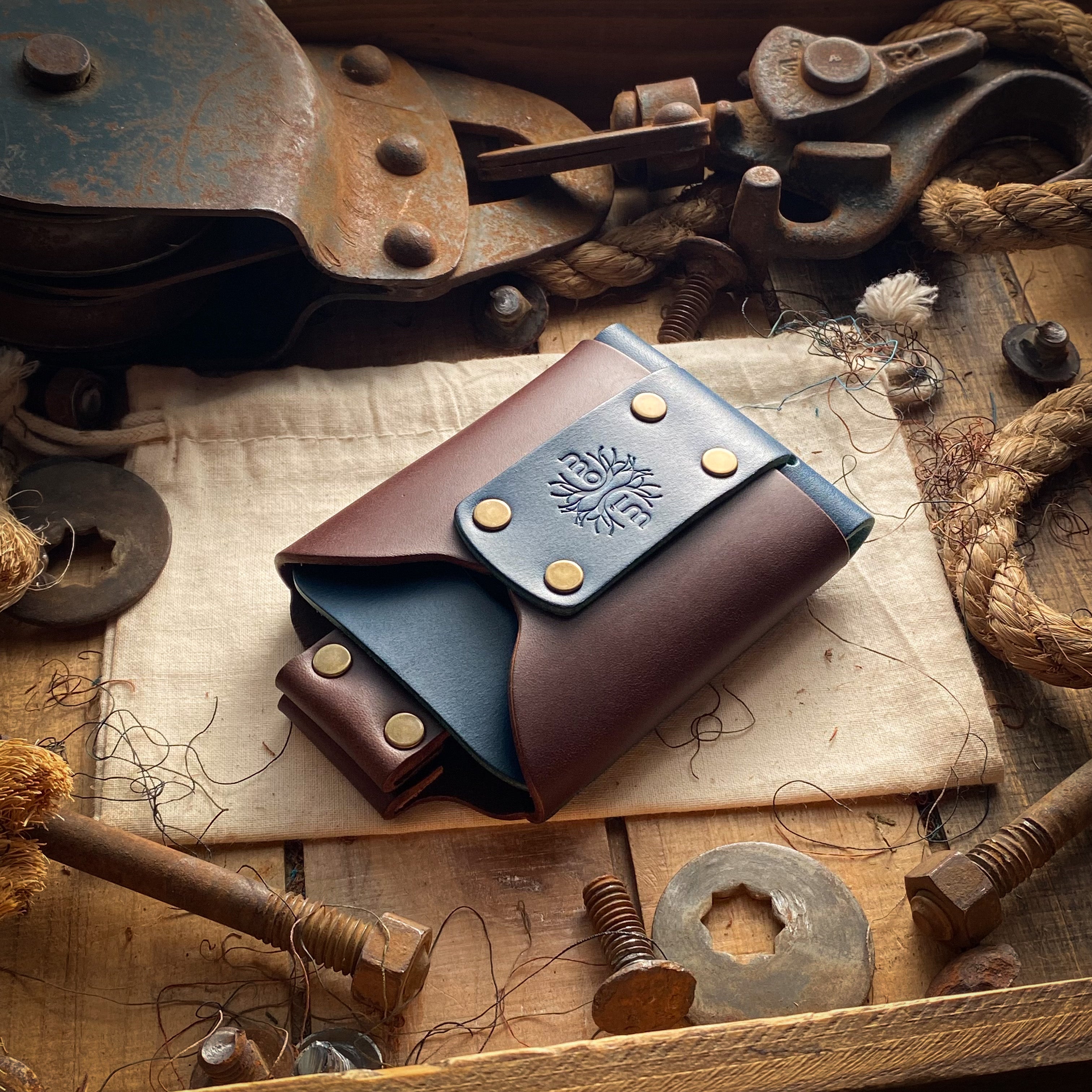Mens Custom Leather Wallet in Blue and Mahogany with Rear Quick Access
