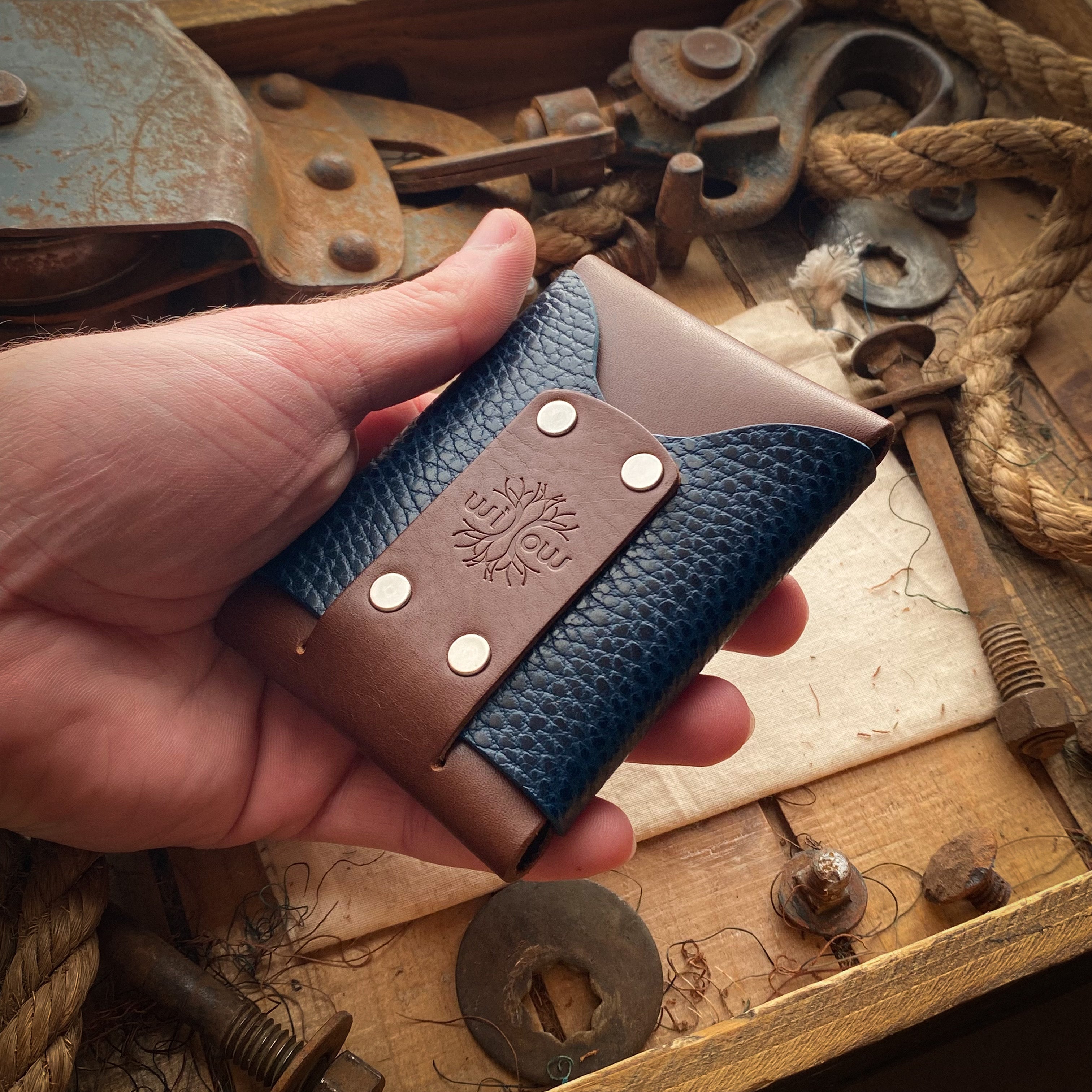 Mens Front Pocket Wallet Wask Minimalist Mahogany and Blue Dollaro Front