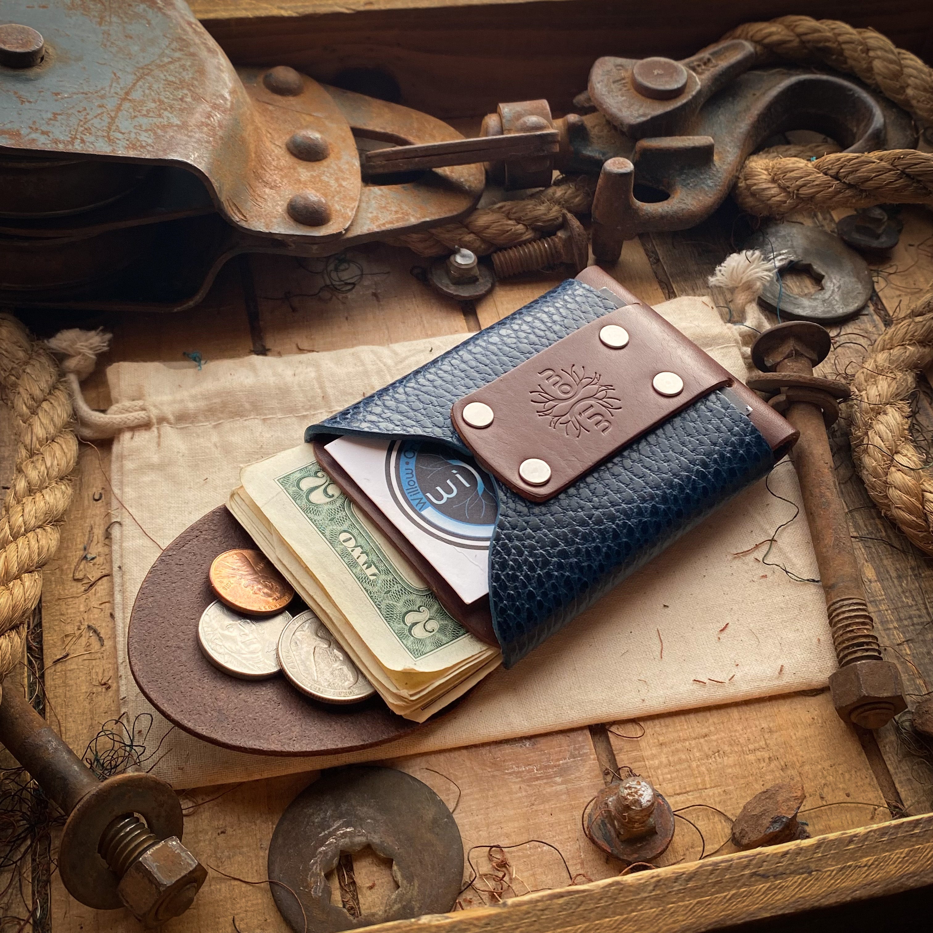 Mens Front Pocket Wallet Wask Minimalist Mahogany and Blue Dollaro Inside