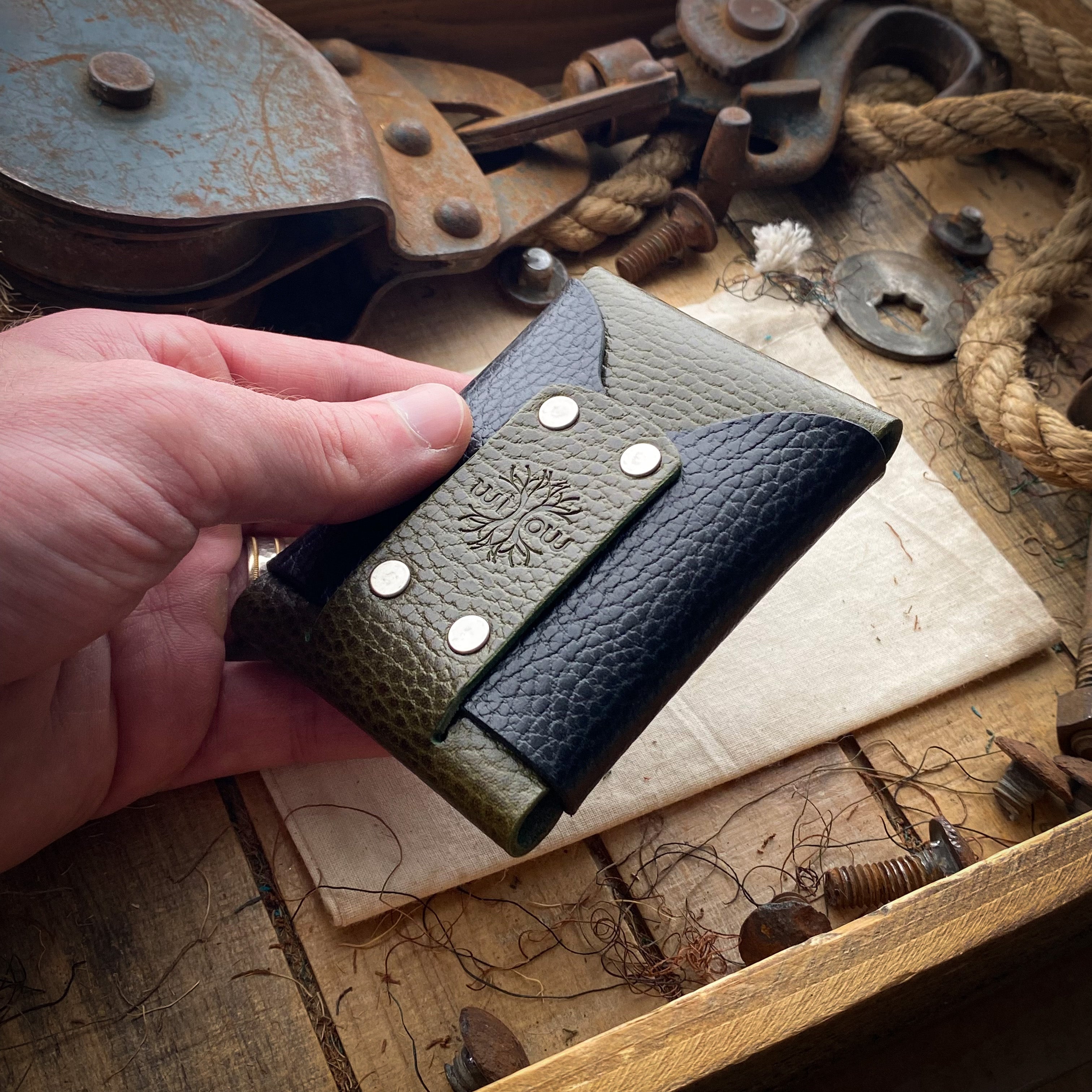 Mens Leather Wallet Wask Original Olive and Black Dollaro Front