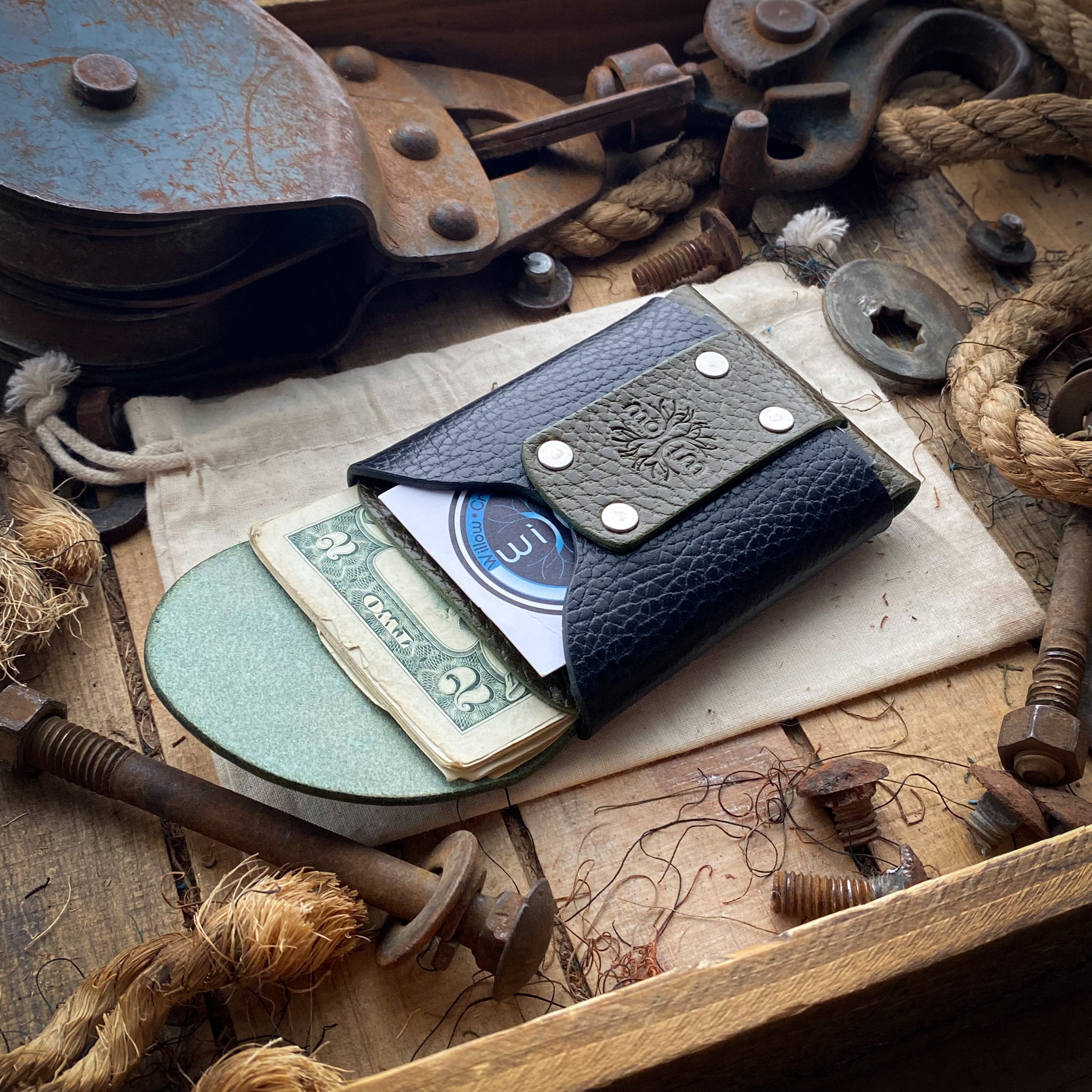 Mens Leather Wallet Wask Original Olive and Black Dollaro Inside