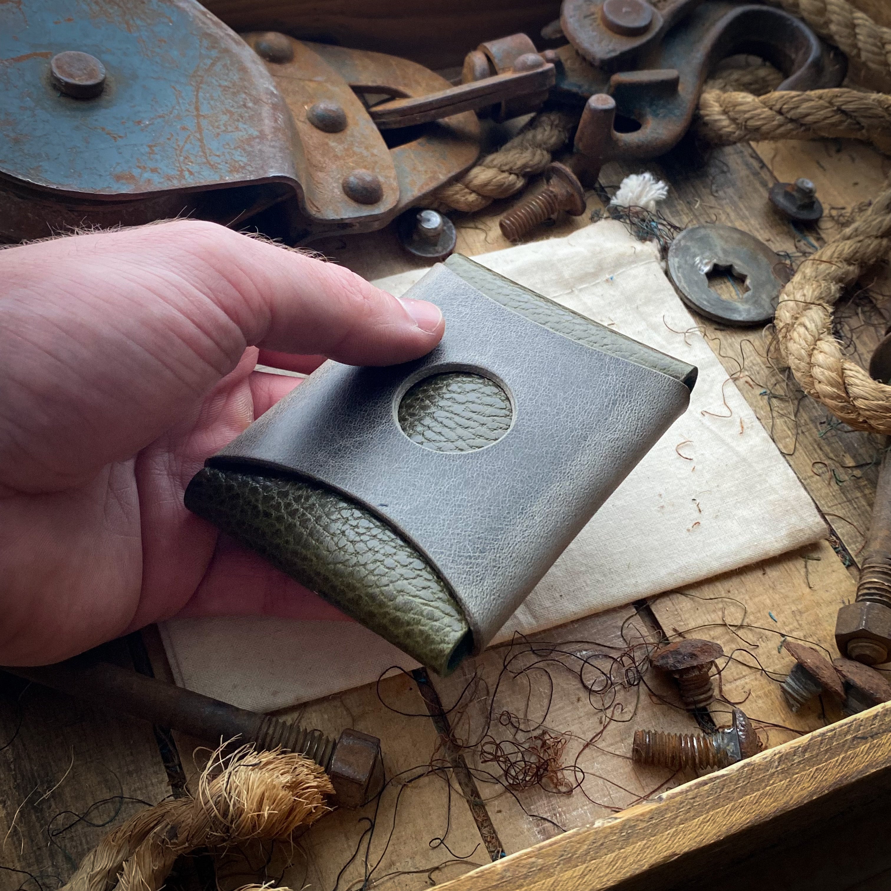 Mens Leather Wallet Wask Original Olive and Charcoal Airtag