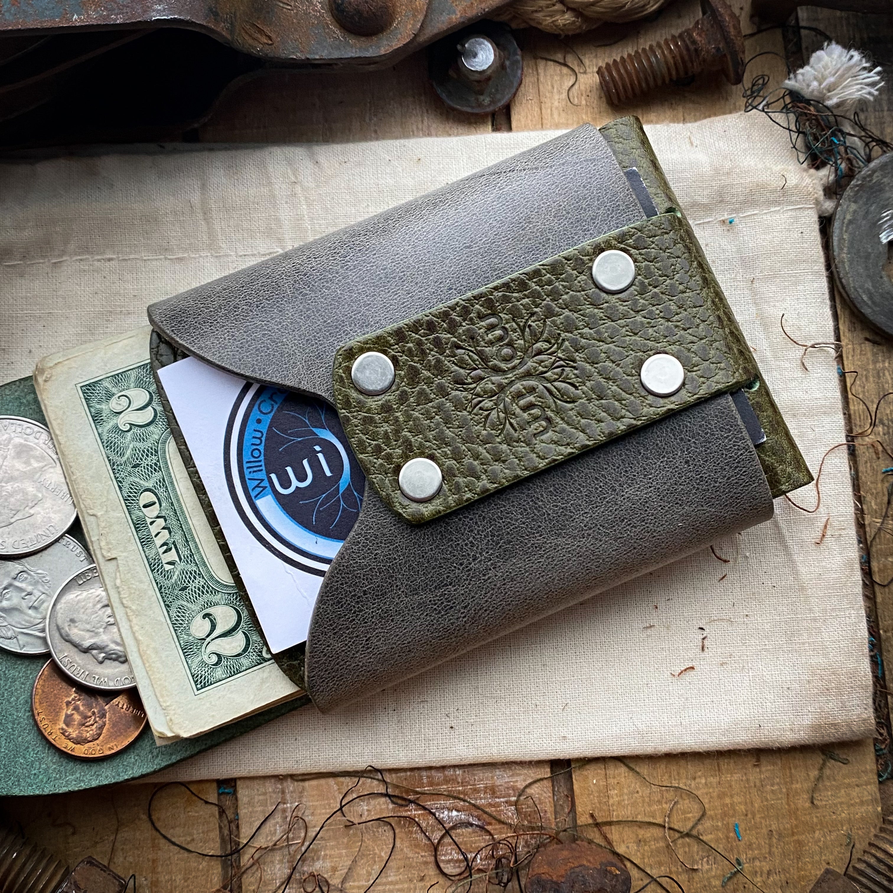 Mens Leather Wallet Wask Original Olive and Charcoal Airtag Main