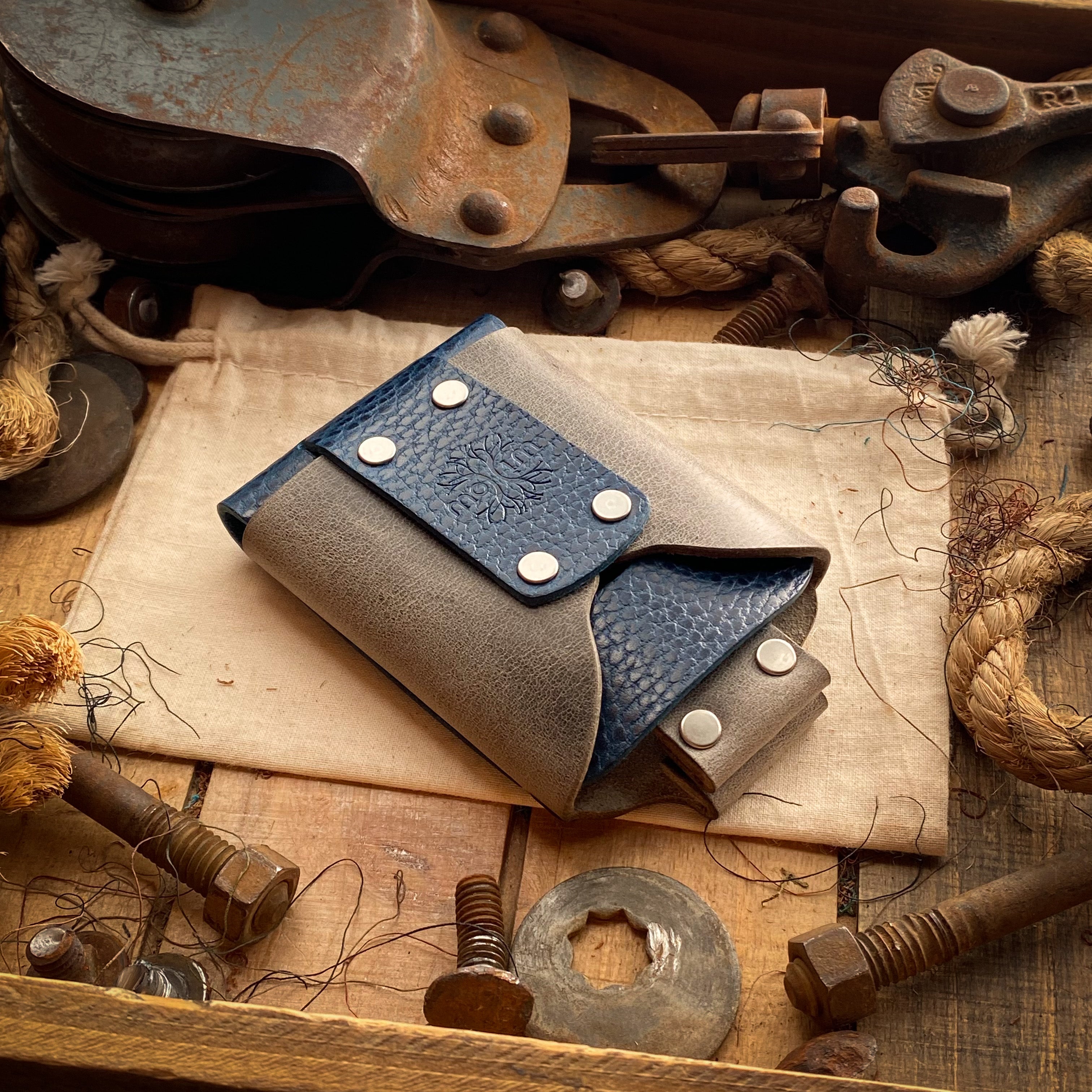 Mens Minimalist Wallet in Blue Dollaro and Charcaol Knocks Wallet with Rear Quick Access