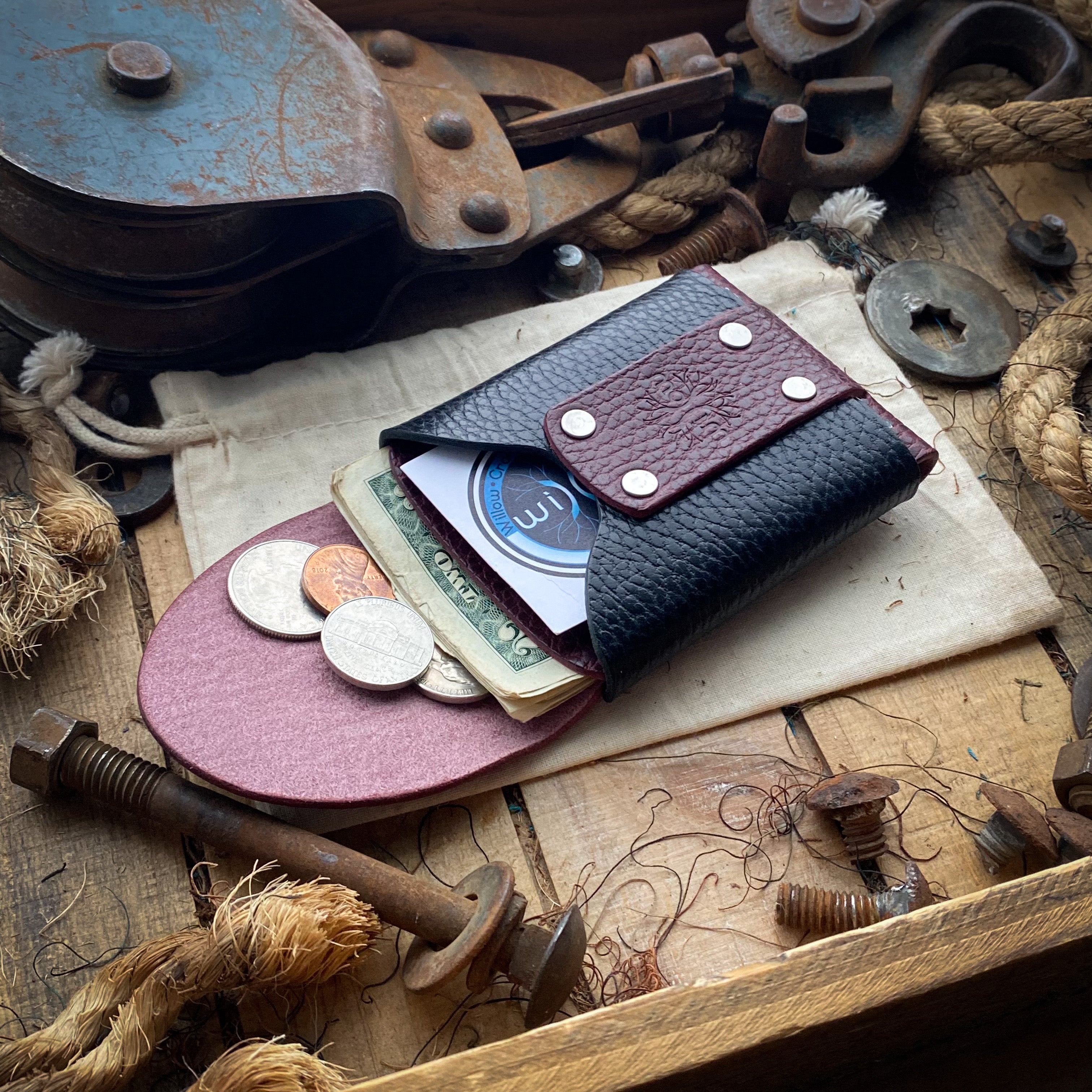 Mens Slim Card Wallet Wask minimalist original Bordeaux and Black Dollaro Inside
