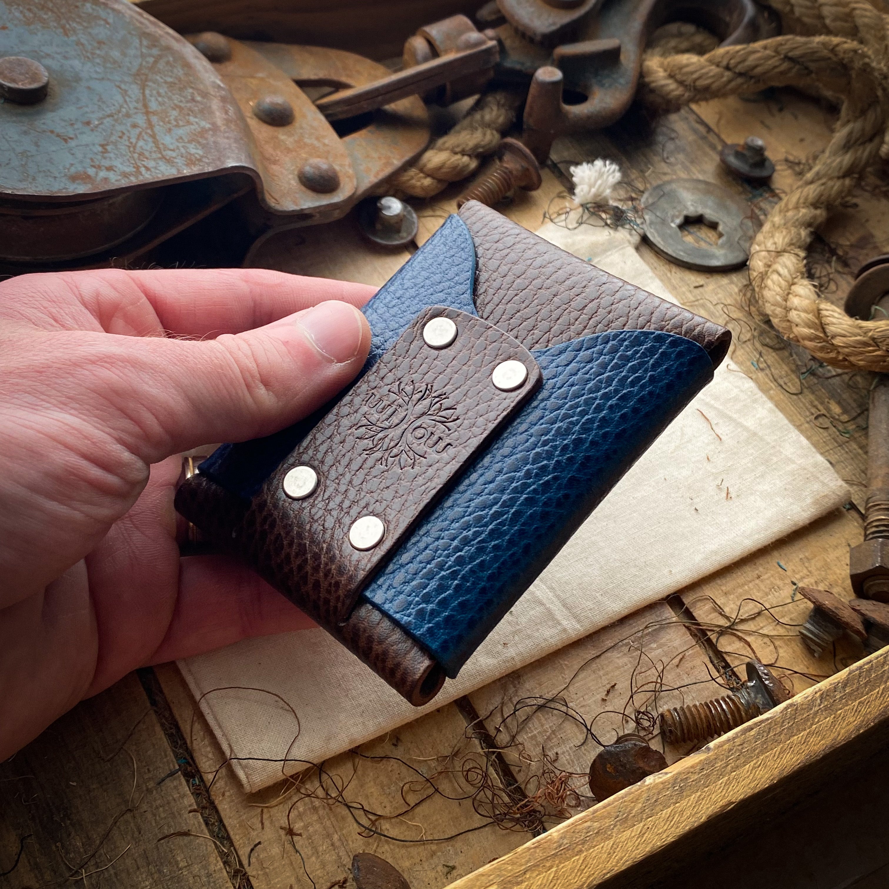 Mens Slim Card Wallet Wask original Brown and Blue Dollaro Front