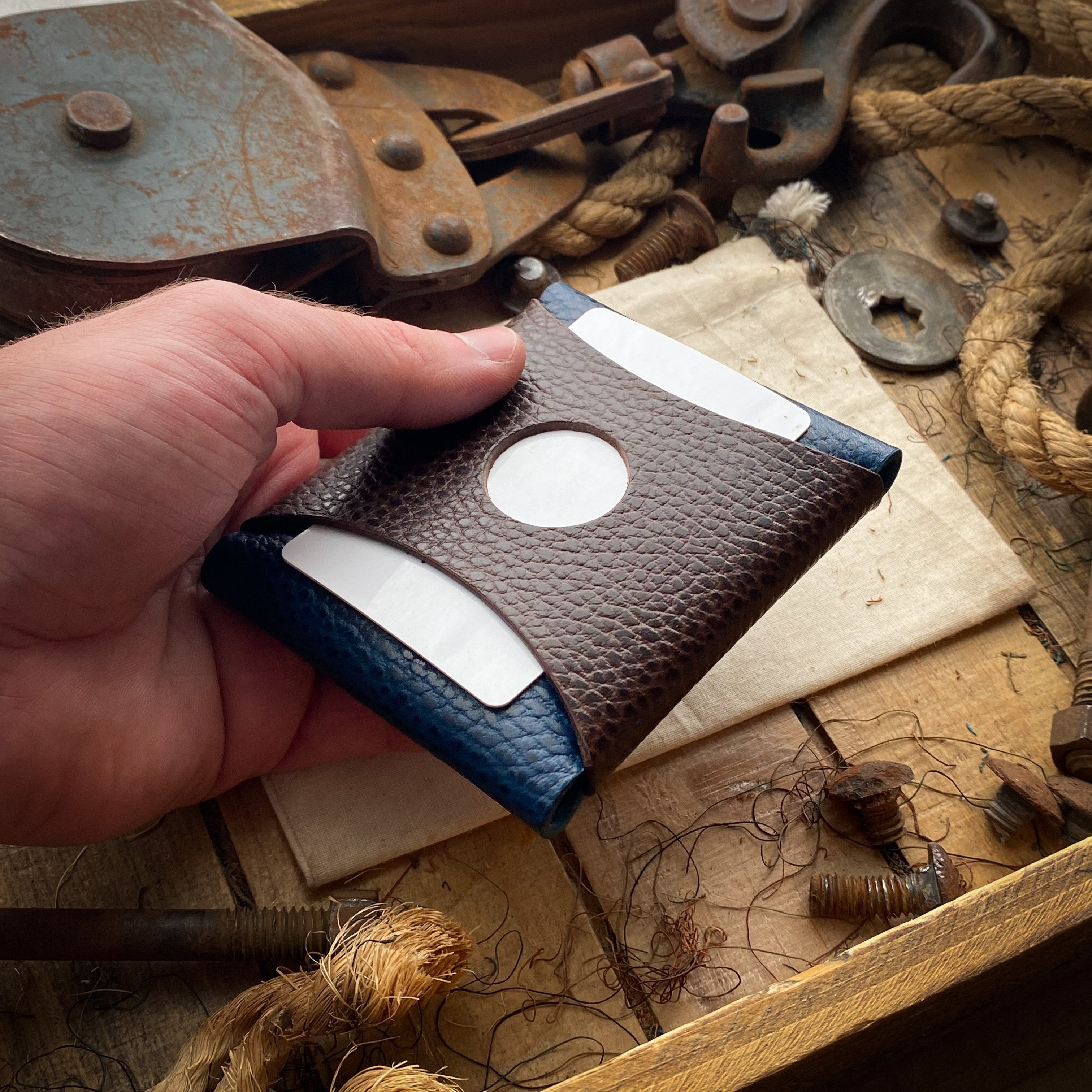 Personalized Leather Wallet in Blue Dollaro and Brown Dollaro Rear Quick Access
