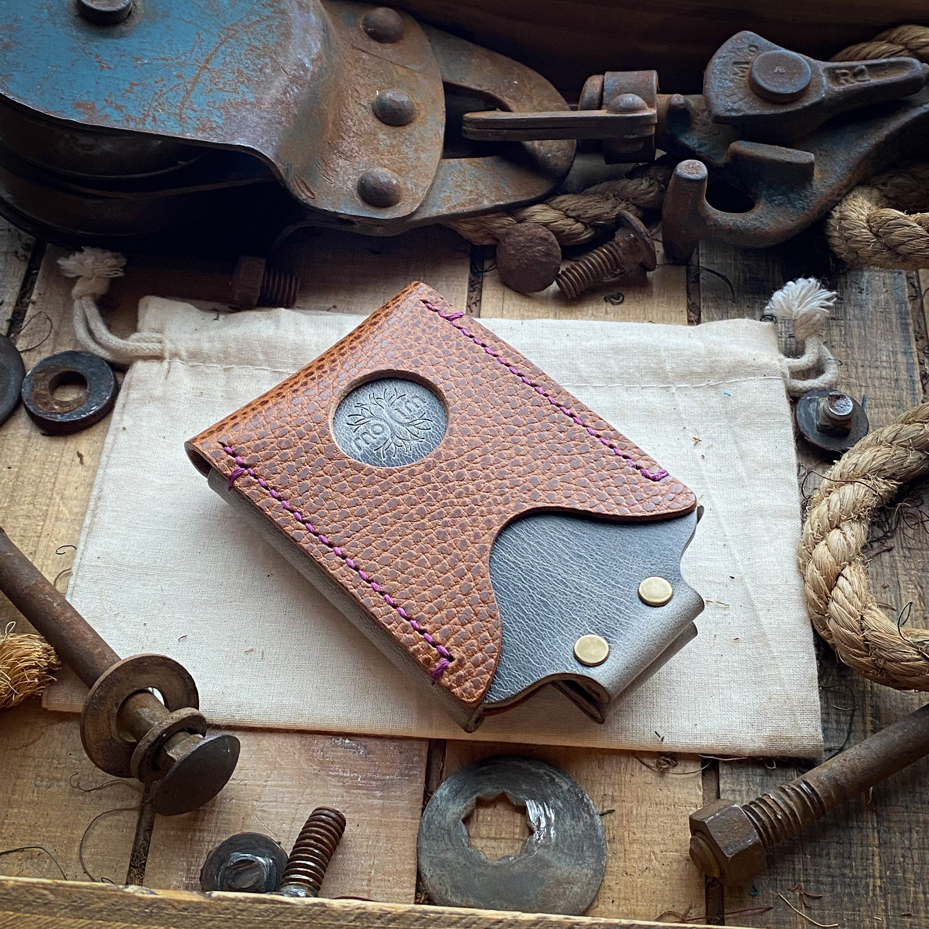 Personalized Leather Wallet in Whiskey with airtag compatibly