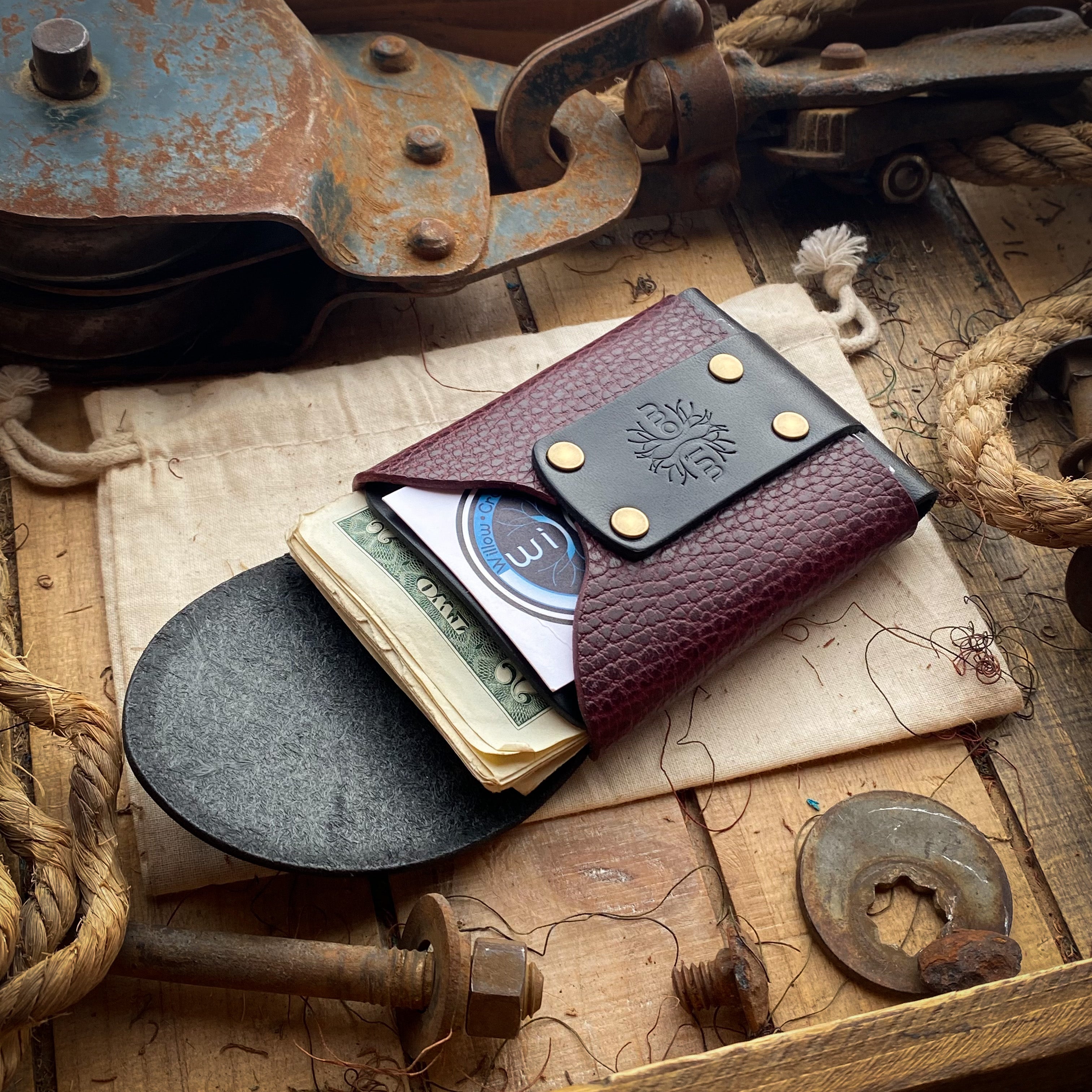 Unique Leather Wallet in Black and Bordeaux Inside View