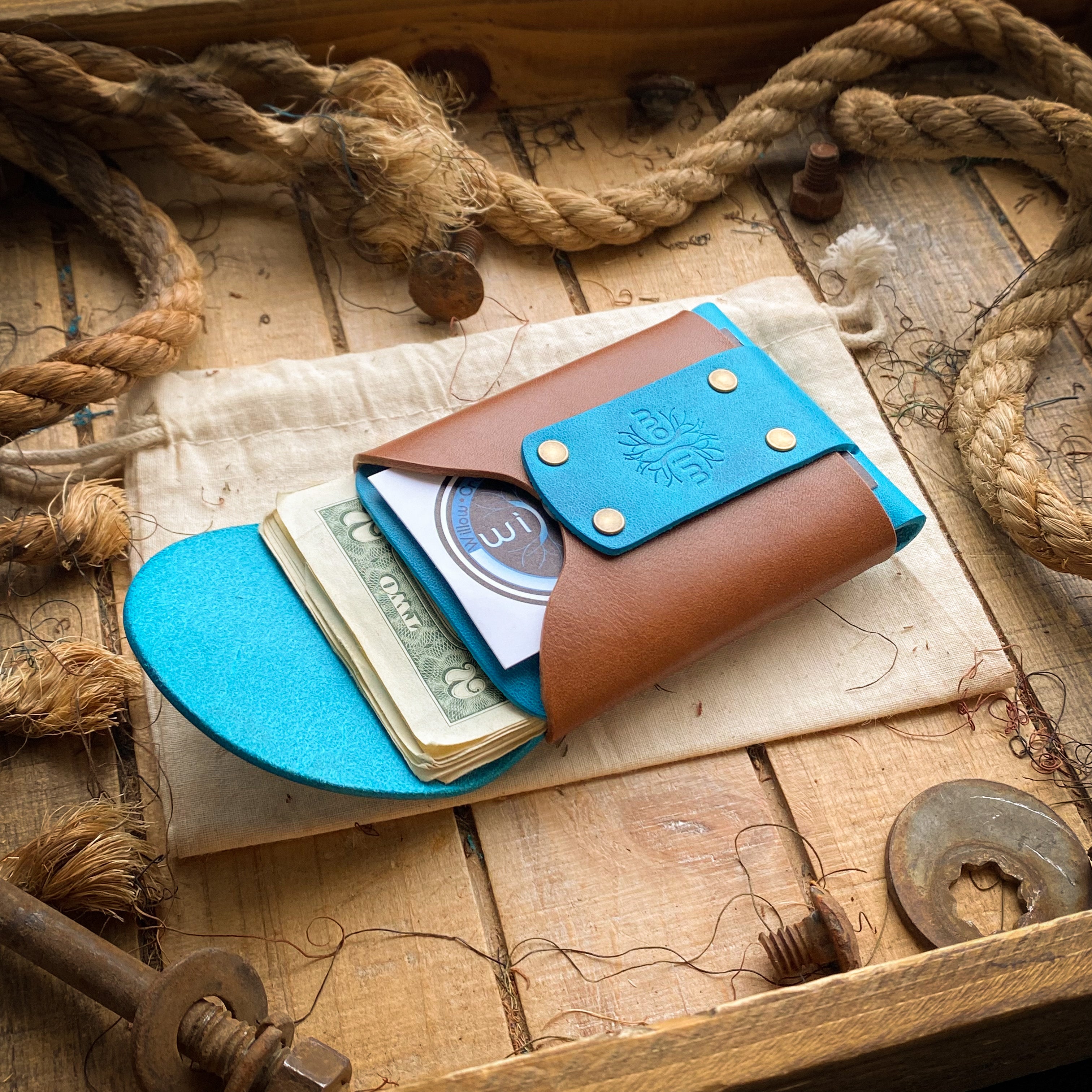 Wask Minimalist Wallet in Blue Raspberry and Bourbon Inside