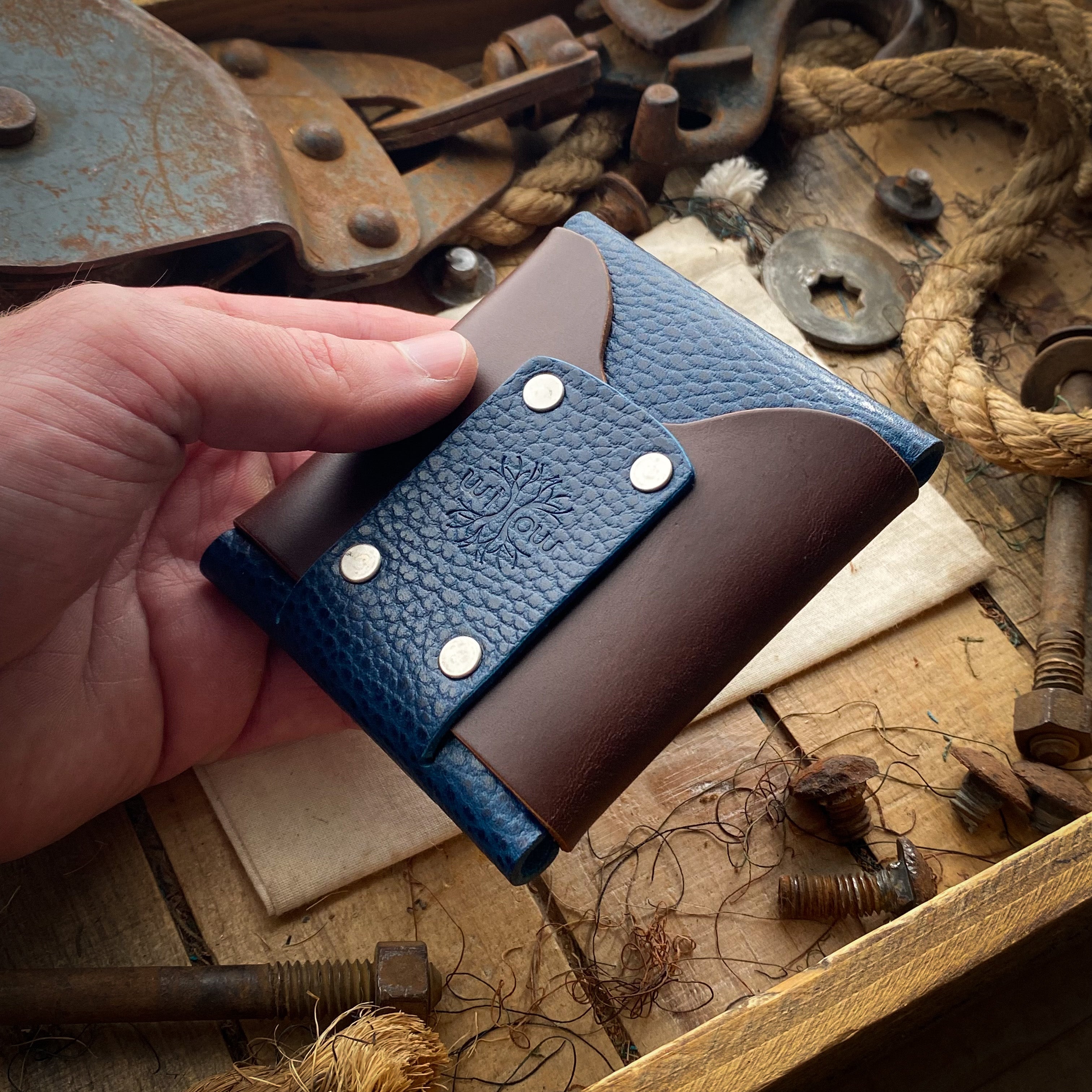 Wide Wask Minimalist Wallets in Blue Dollaro and Mahogany Front Quick Access