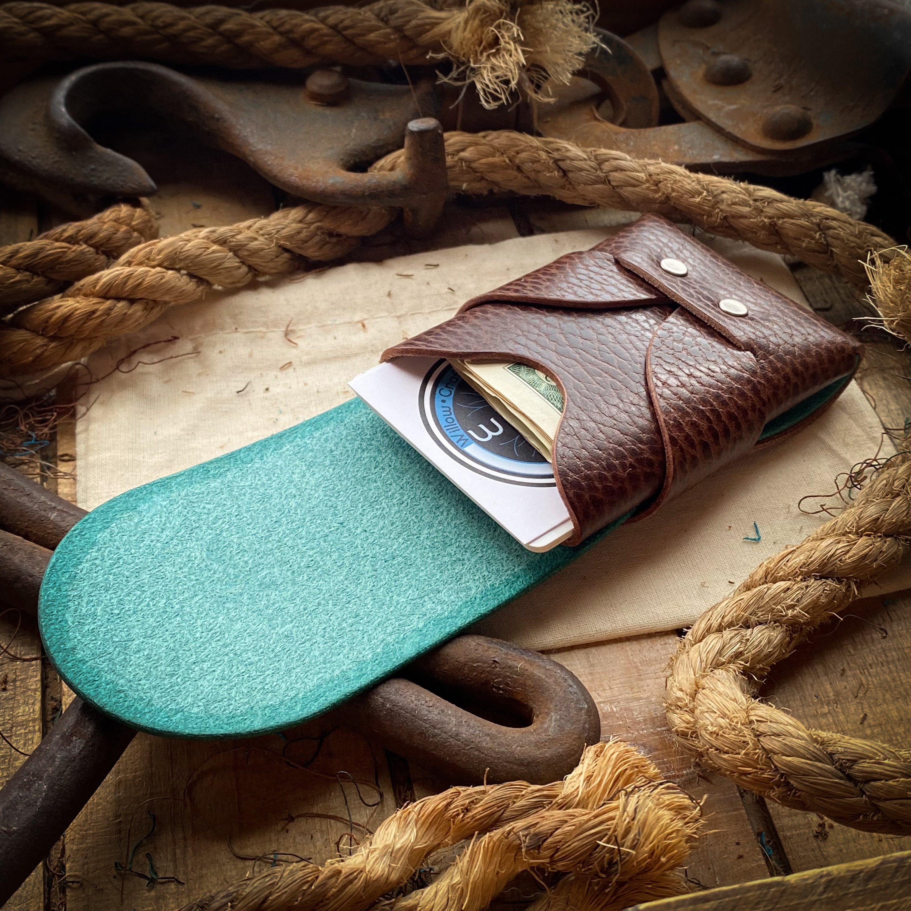 SLIM Swaddle Minimalist Wallet - Brown Dollaro and Ocean Blue