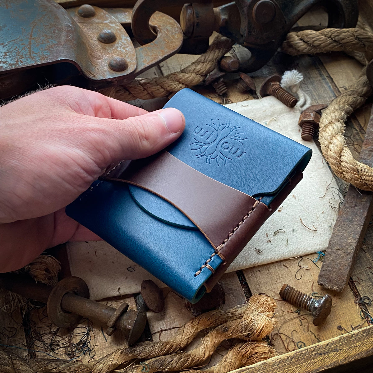 Wide Luxe Minimalist Wallet - Ocean Blue and Dark Mahogany - Outside P ...